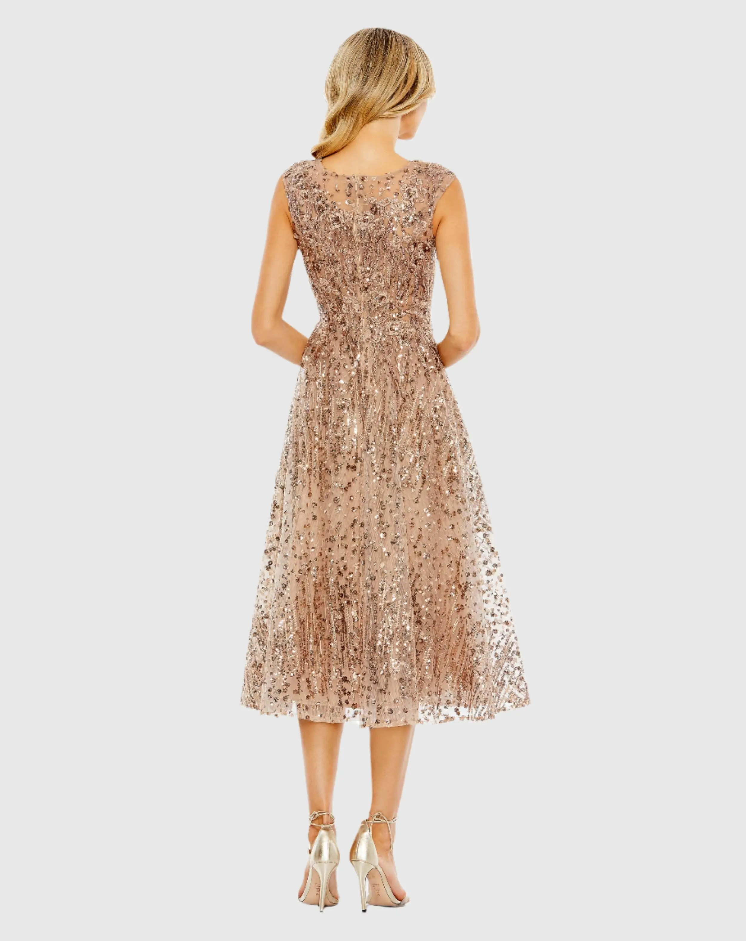 Gold Sequined Cap Sleeve Fit and Flare Dress - Image 3