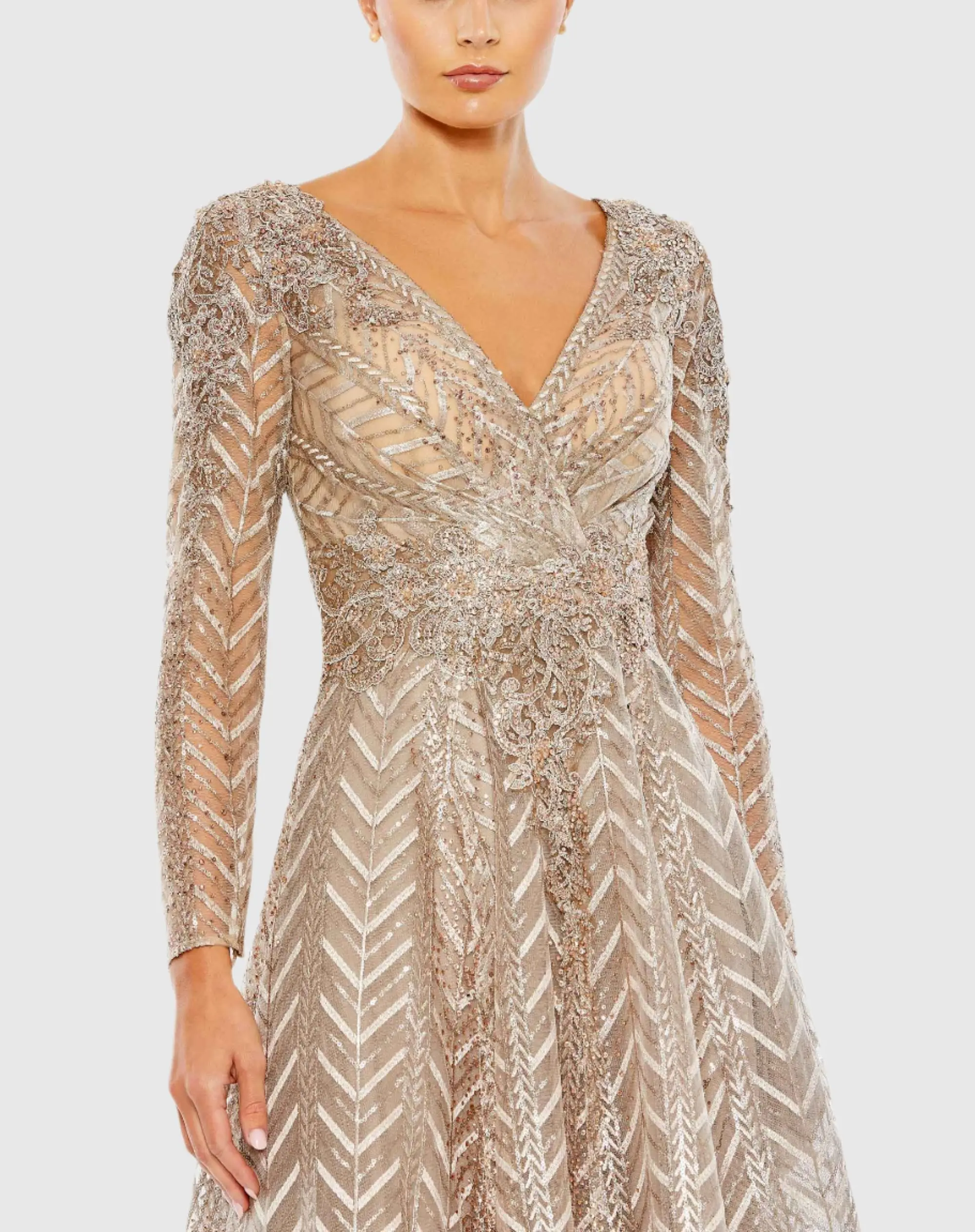 Beige Embellished Long Sleeve Wrap Over Dress - Image 2