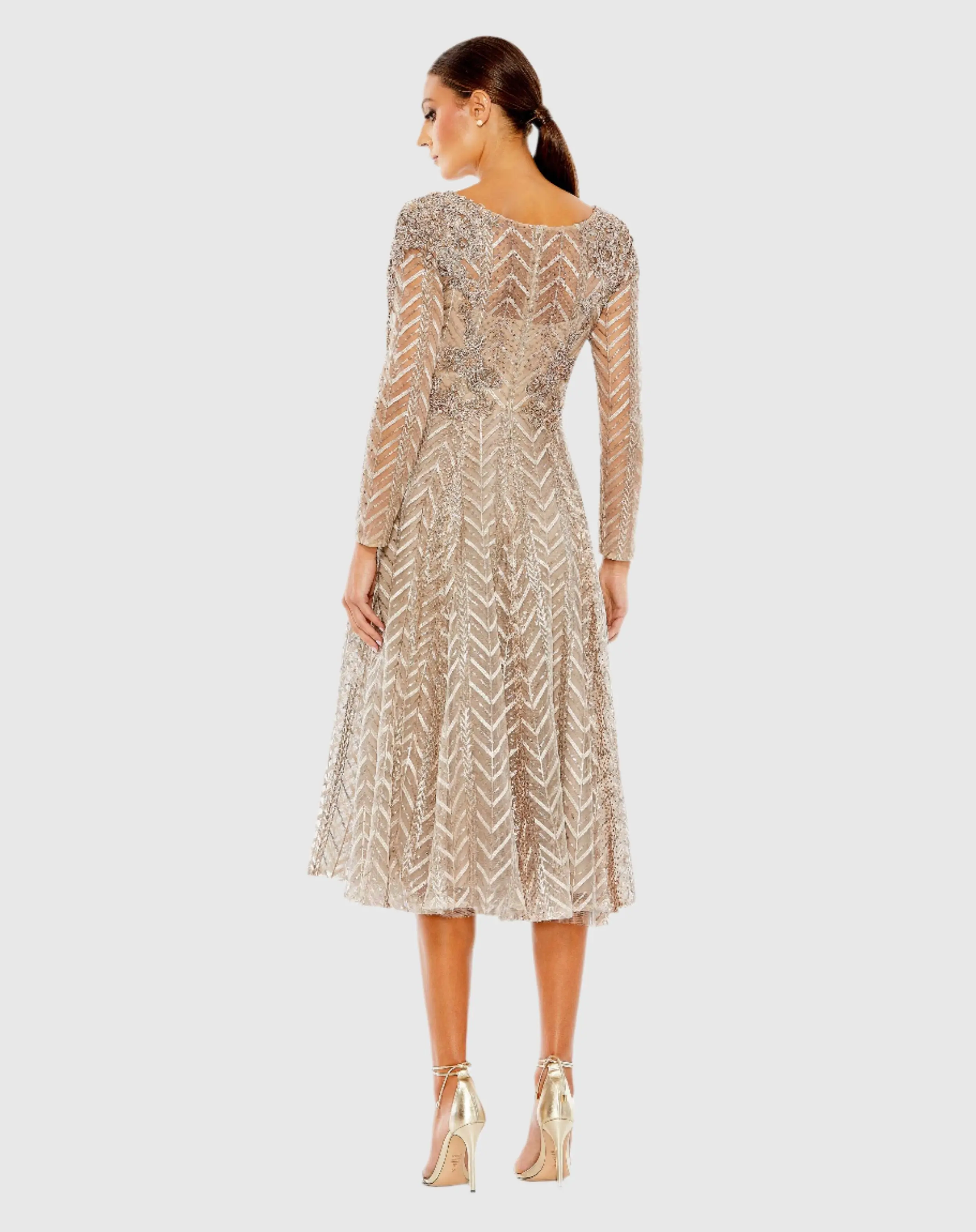 Beige Embellished Long Sleeve Wrap Over Dress - Image 3