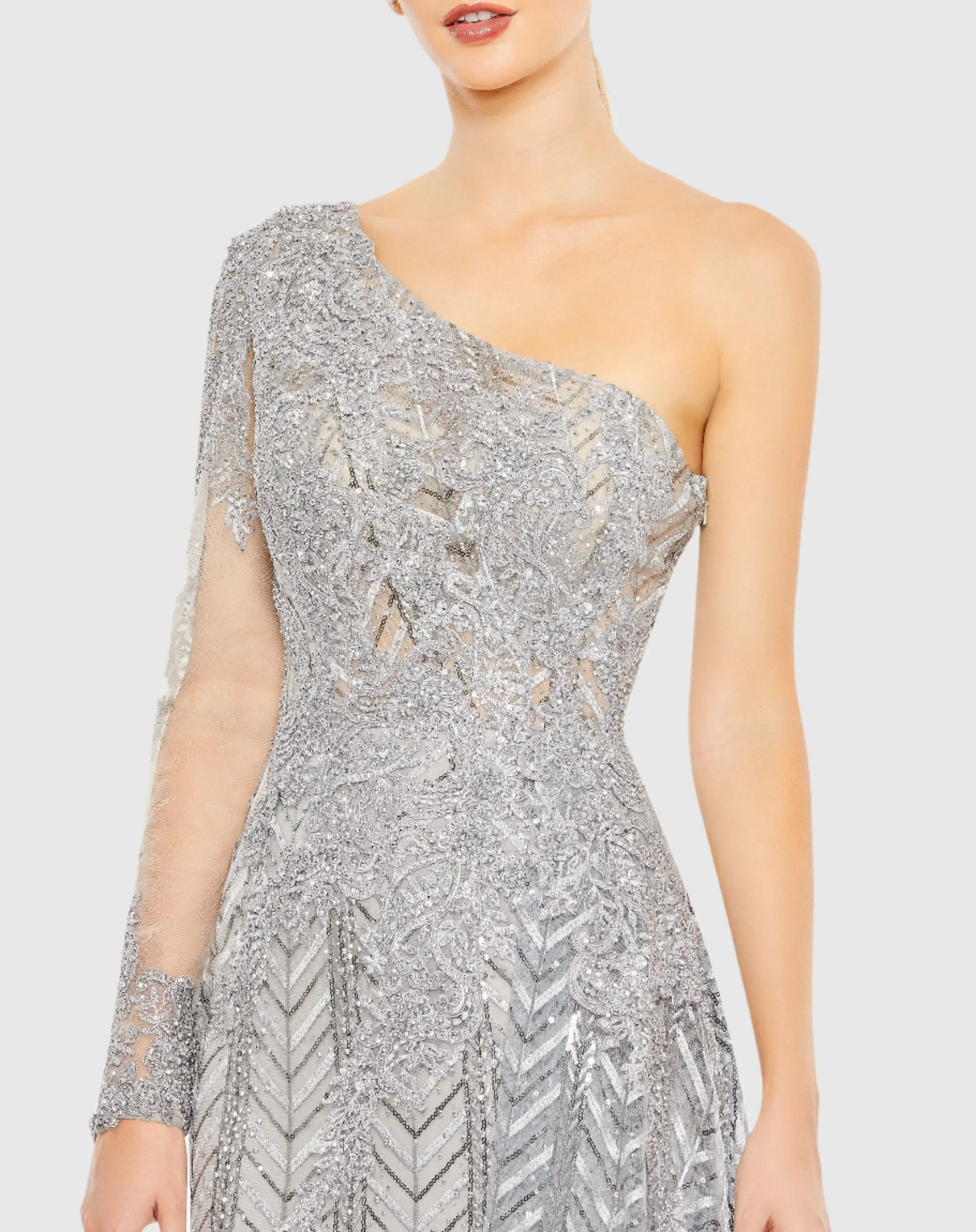 Silver Embellished One Shoulder A Line Gown - Image 2