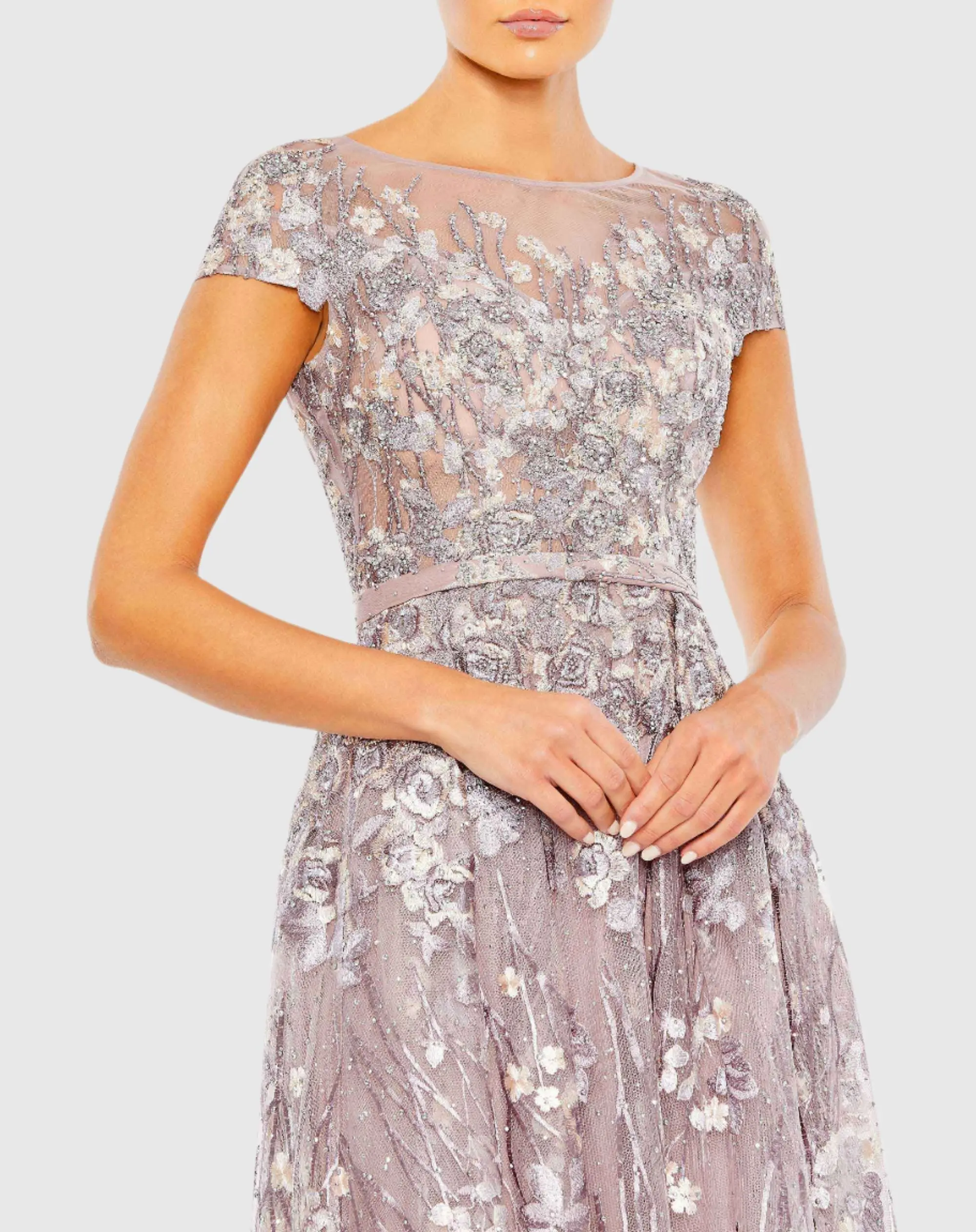 Light Purple Embellished Floral Cap Sleeve A Line Gown - Image 2