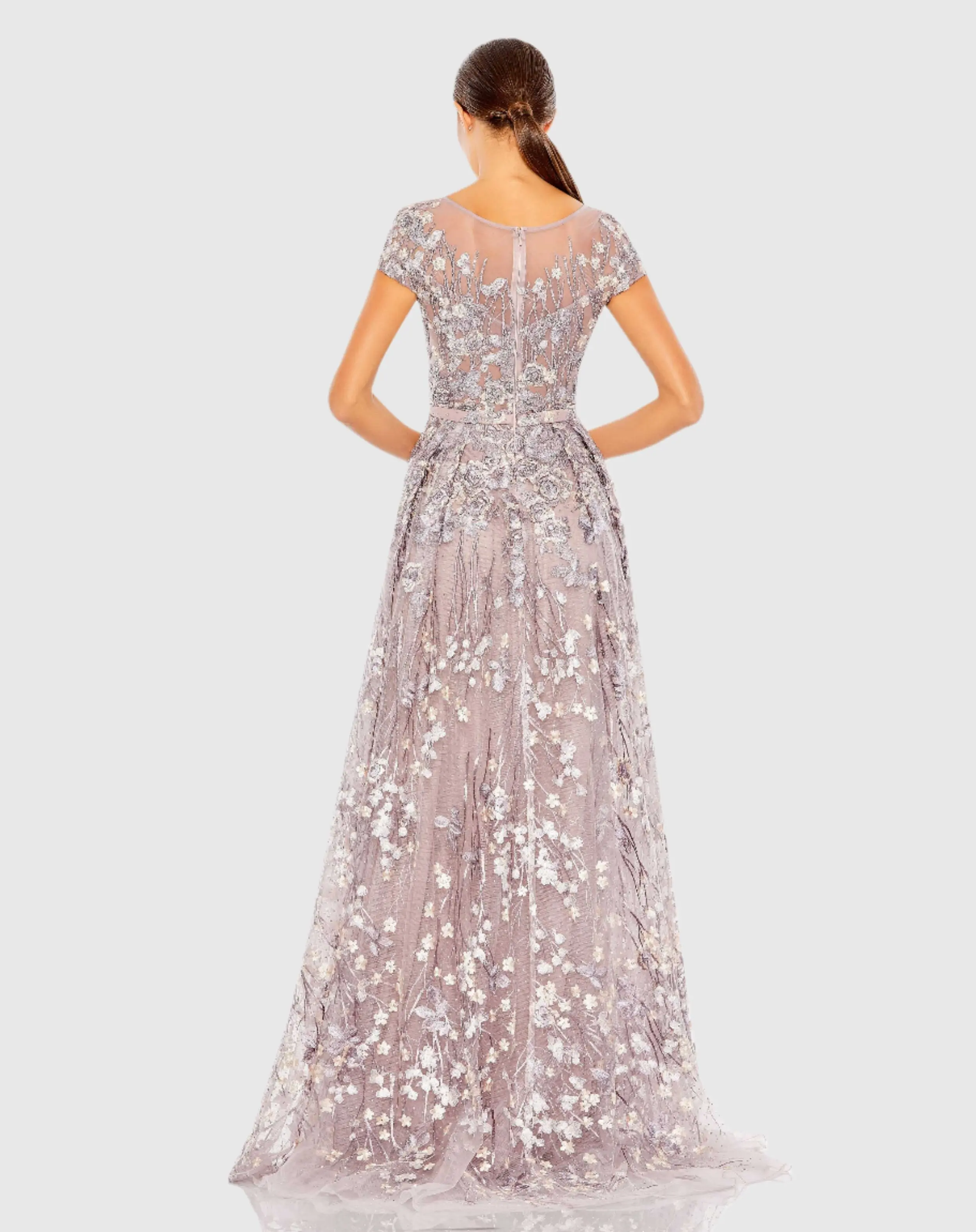 Light Purple Embellished Floral Cap Sleeve A Line Gown - Image 3