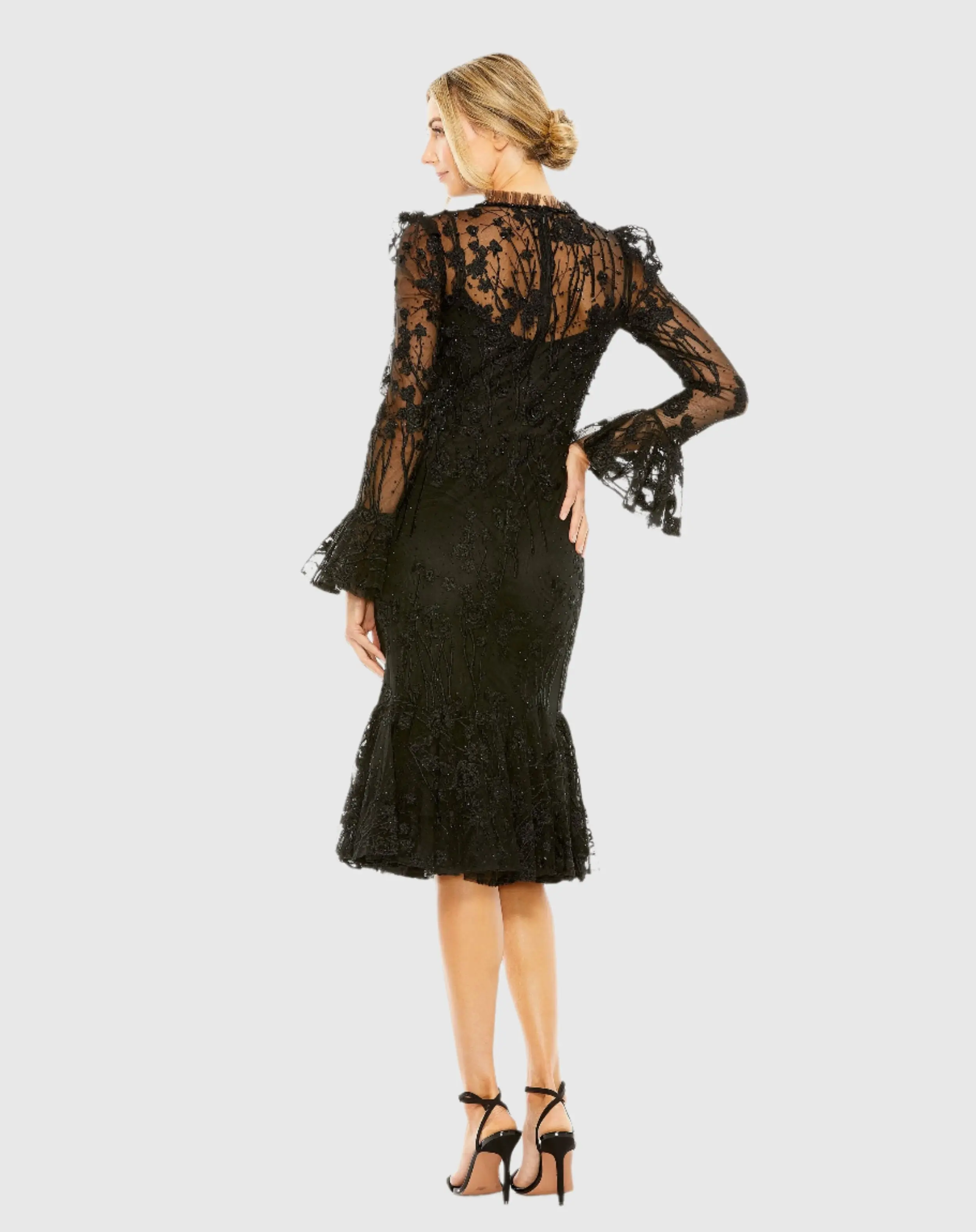 Black Ruffle Wrist Embellished High Neck Midi Dress - Image 3