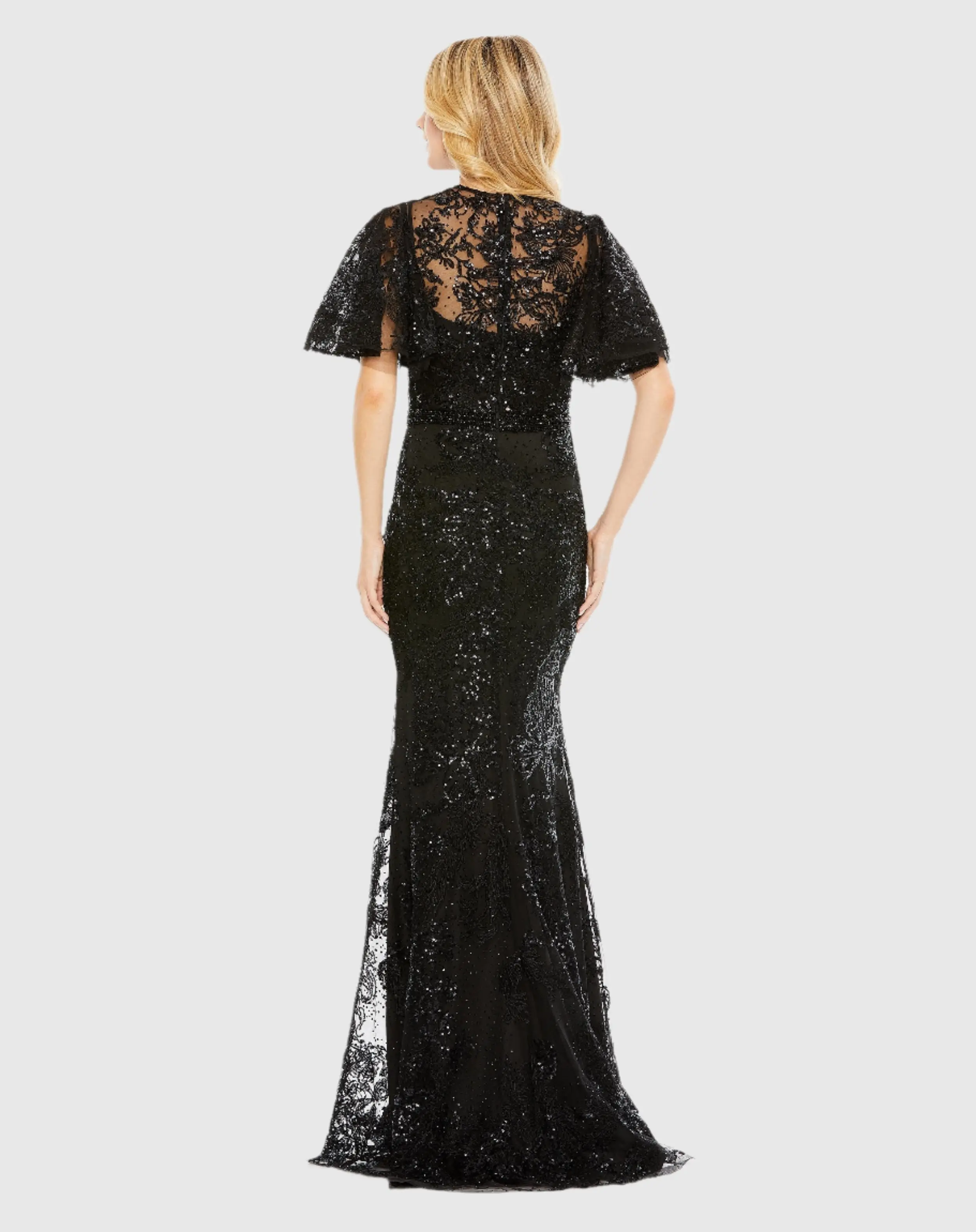 Black Embellished Flutter Sleeve High Neck Gown - FINAL SALE - Image 3