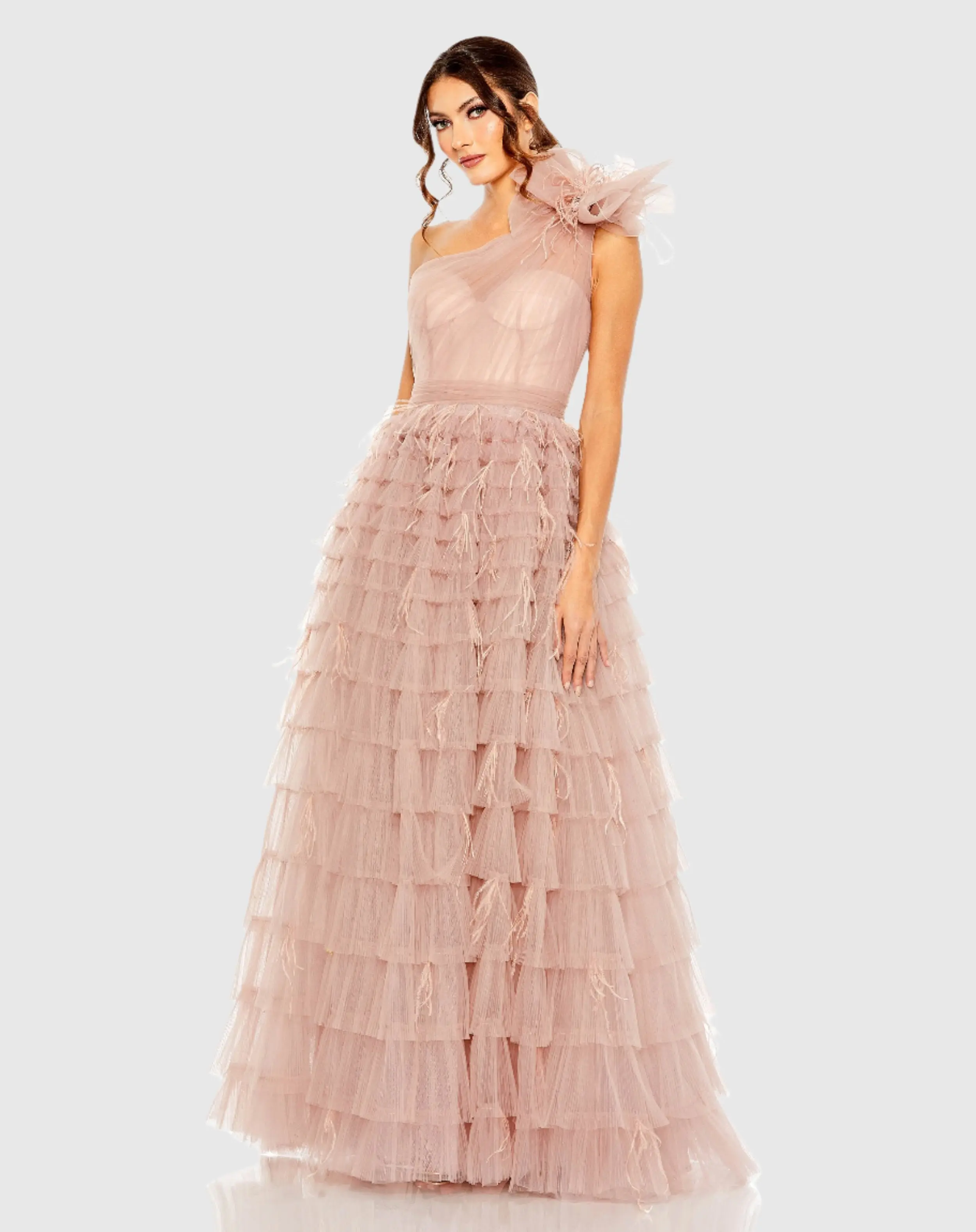 Pink One Shoulder Faux Bow Feather Tiered A Line Gown - FINAL SALE