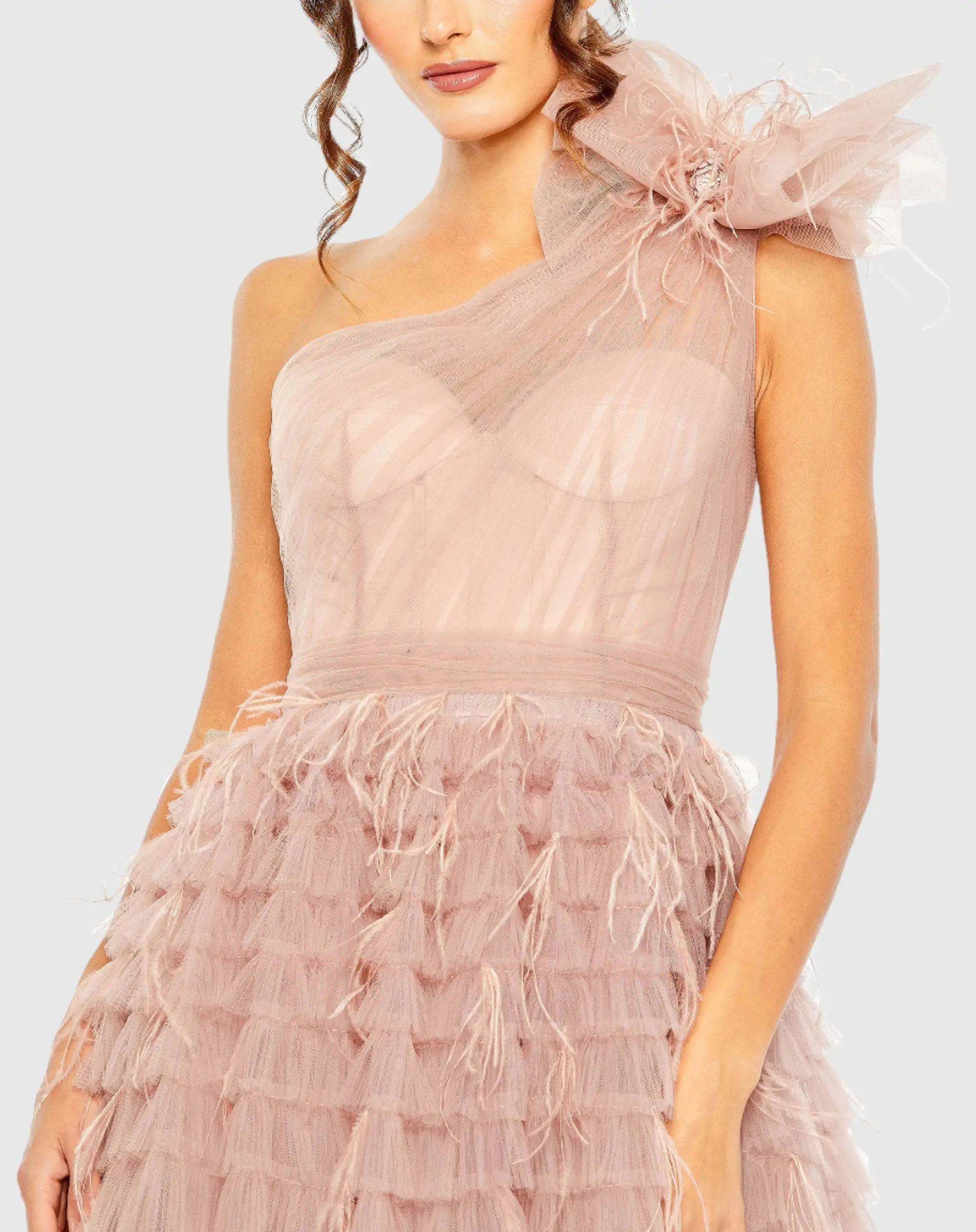 Pink One Shoulder Faux Bow Feather Tiered A Line Gown - FINAL SALE - Image 2