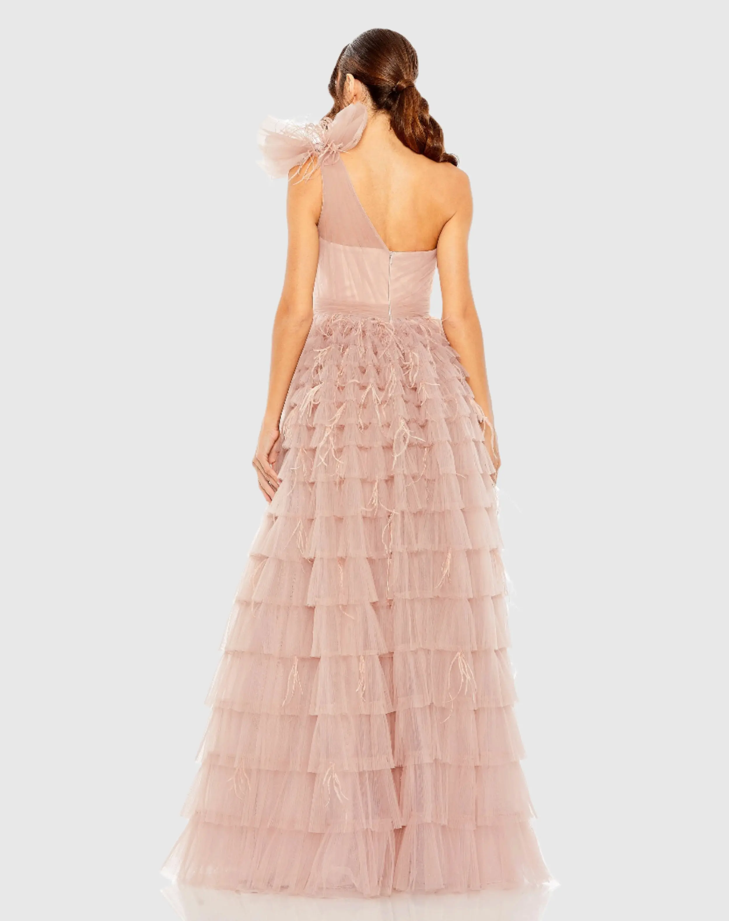 Pink One Shoulder Faux Bow Feather Tiered A Line Gown - FINAL SALE - Image 3