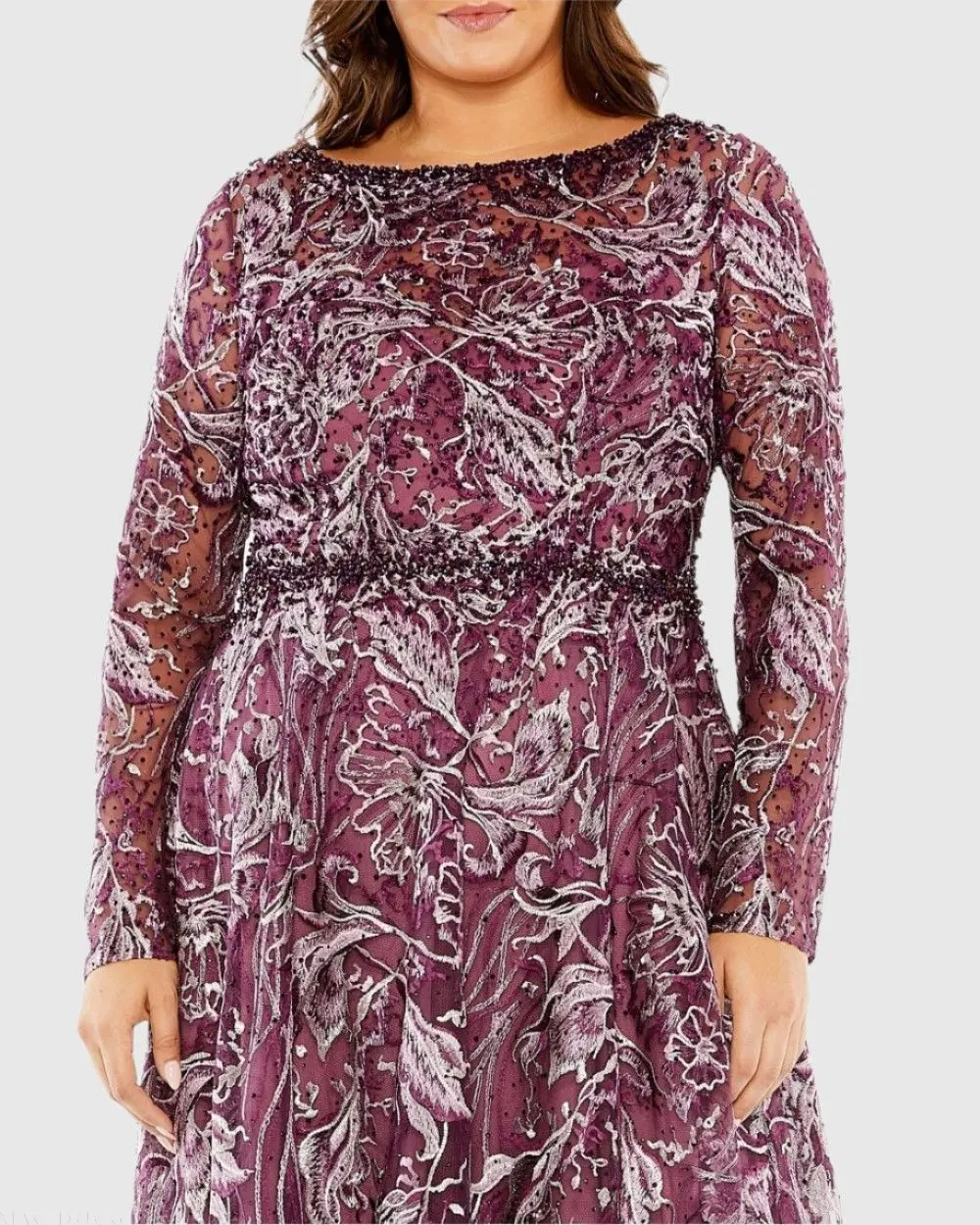 Purple Long Sleeve High Neck Embroidered Gown - Image 2