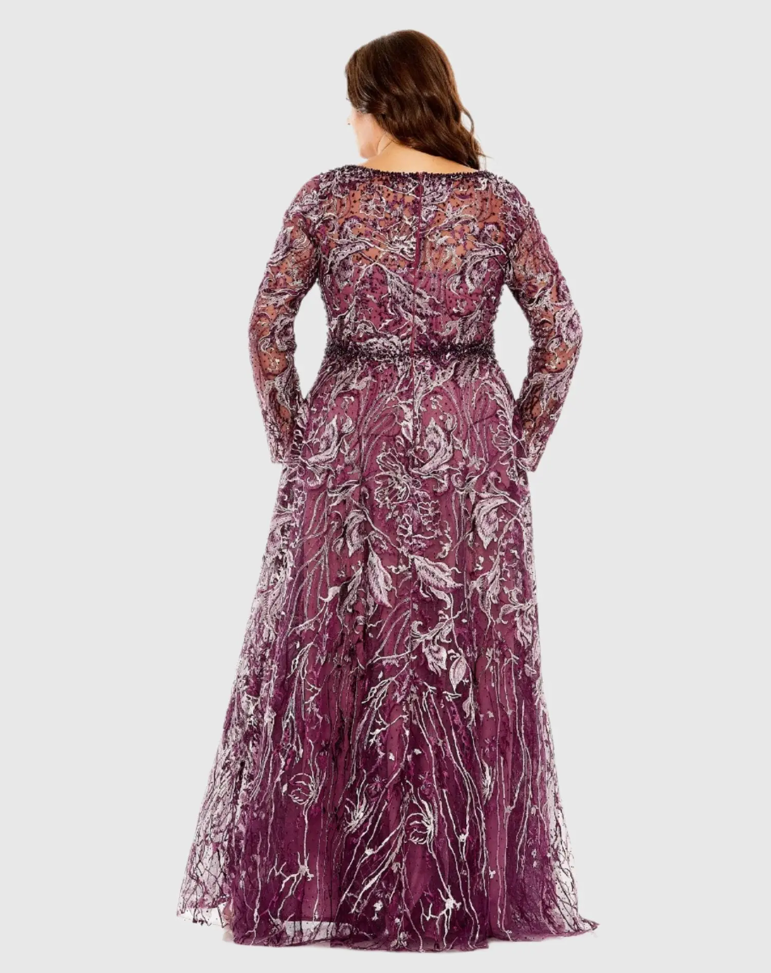 Purple Long Sleeve High Neck Embroidered Gown - Image 3