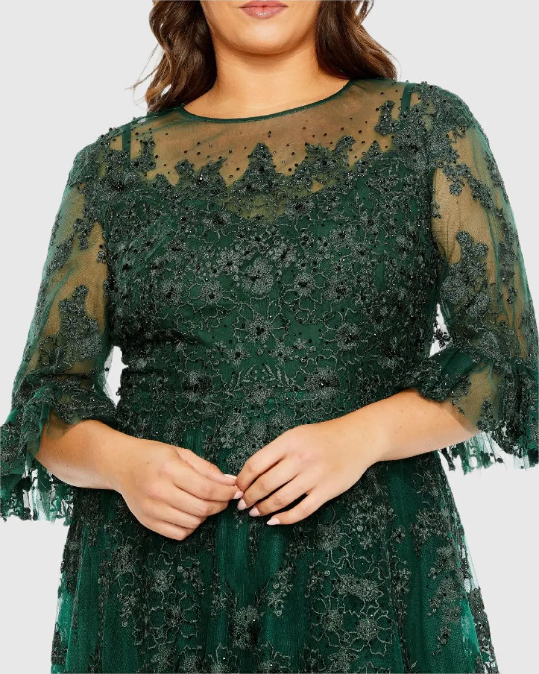 Green High Neck Flutter Sleeve Embroidered A Line Gown (Plus) - Image 2