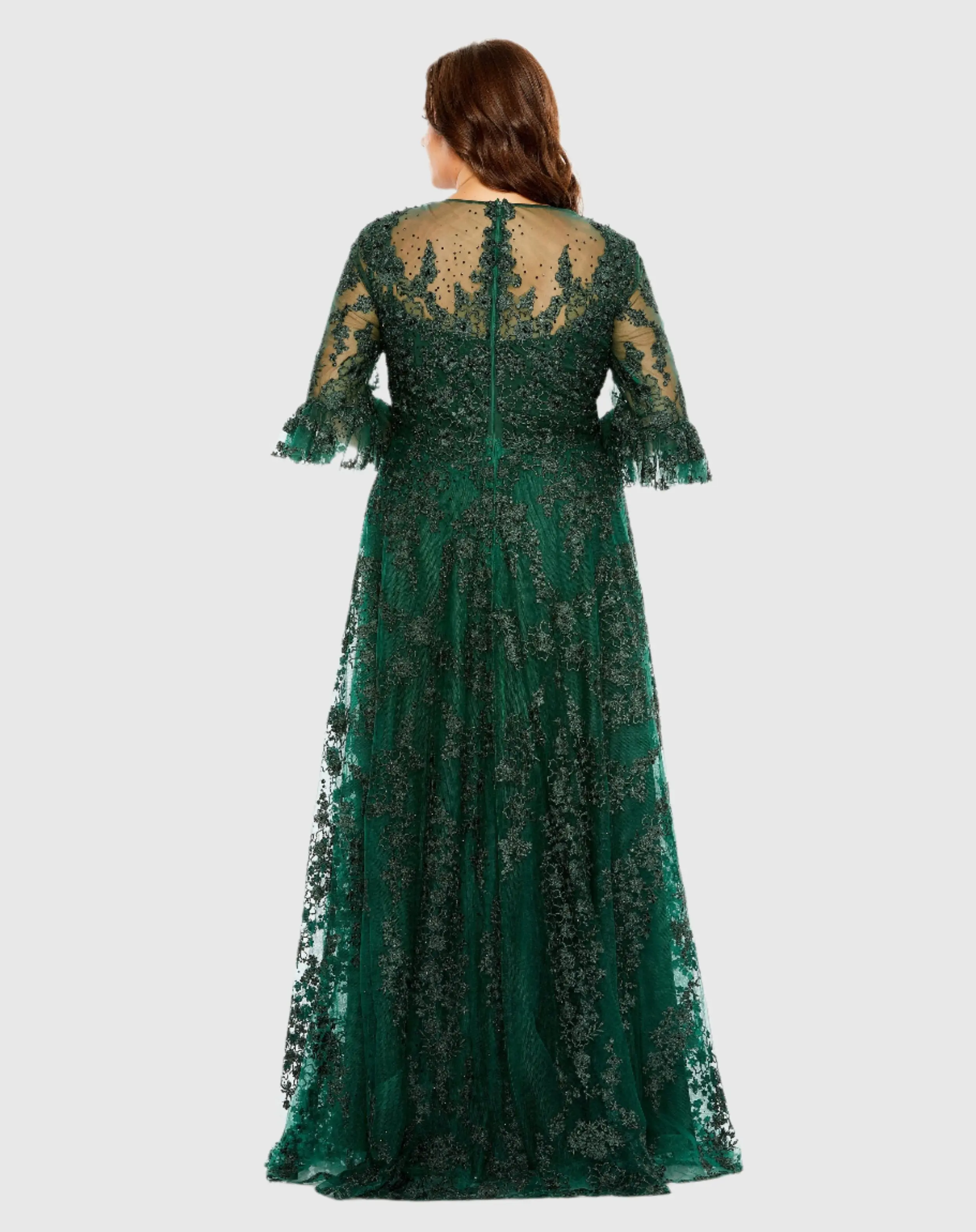 Green High Neck Flutter Sleeve Embroidered A Line Gown (Plus) - Image 3