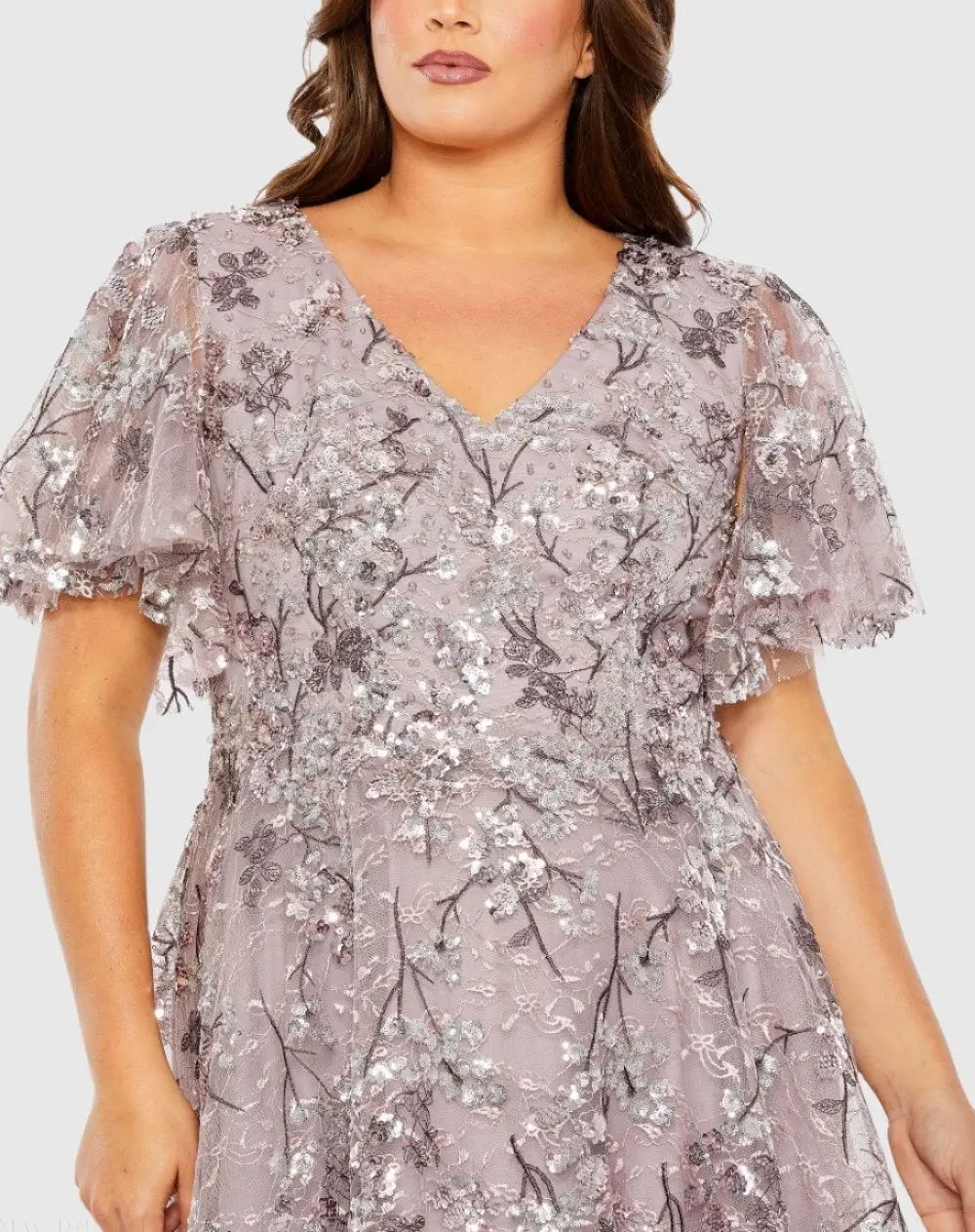 Purple V Neck Flutter Sleeve A Line Embellished Gown (Plus) - Image 2