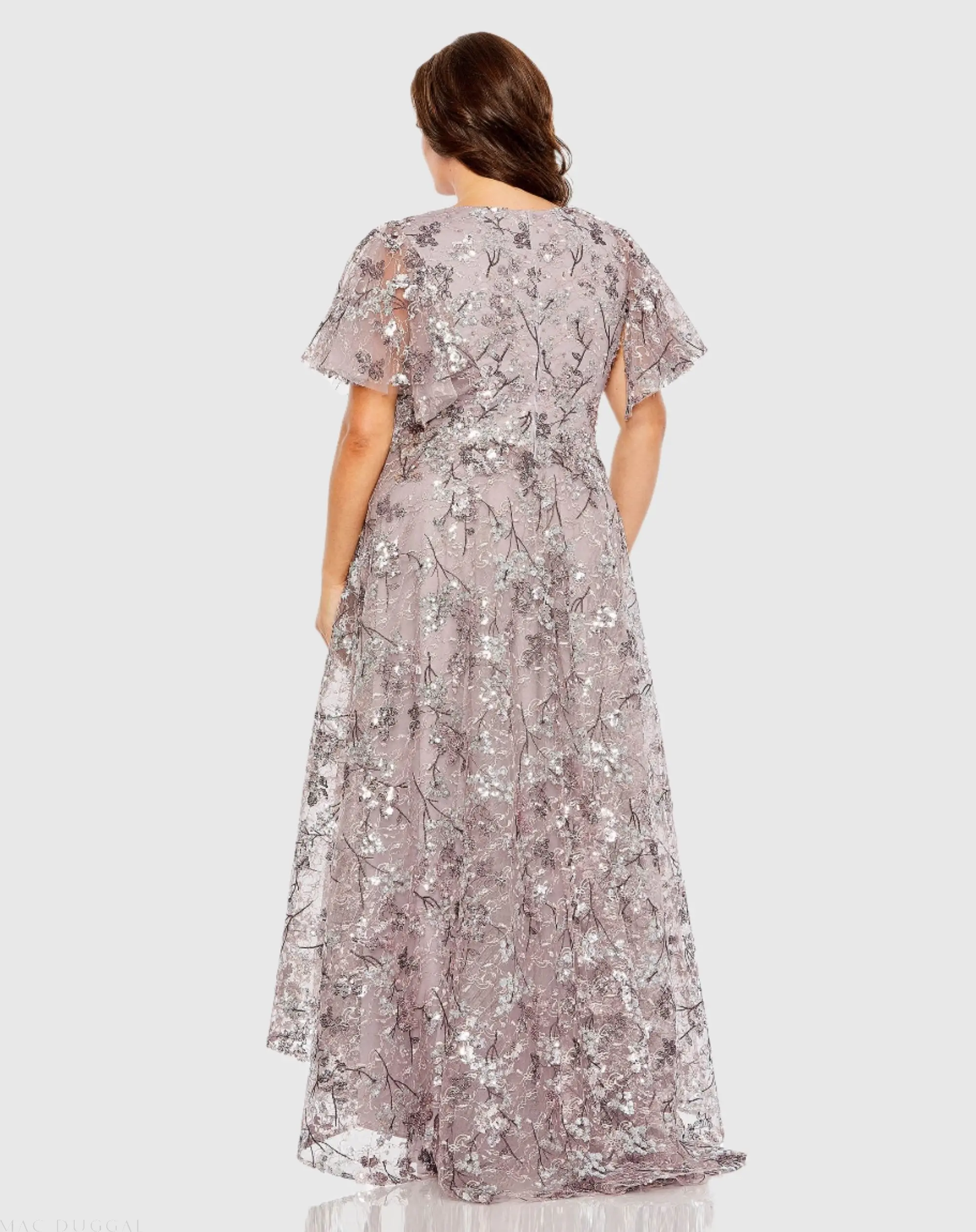 Purple V Neck Flutter Sleeve A Line Embellished Gown (Plus) - Image 3
