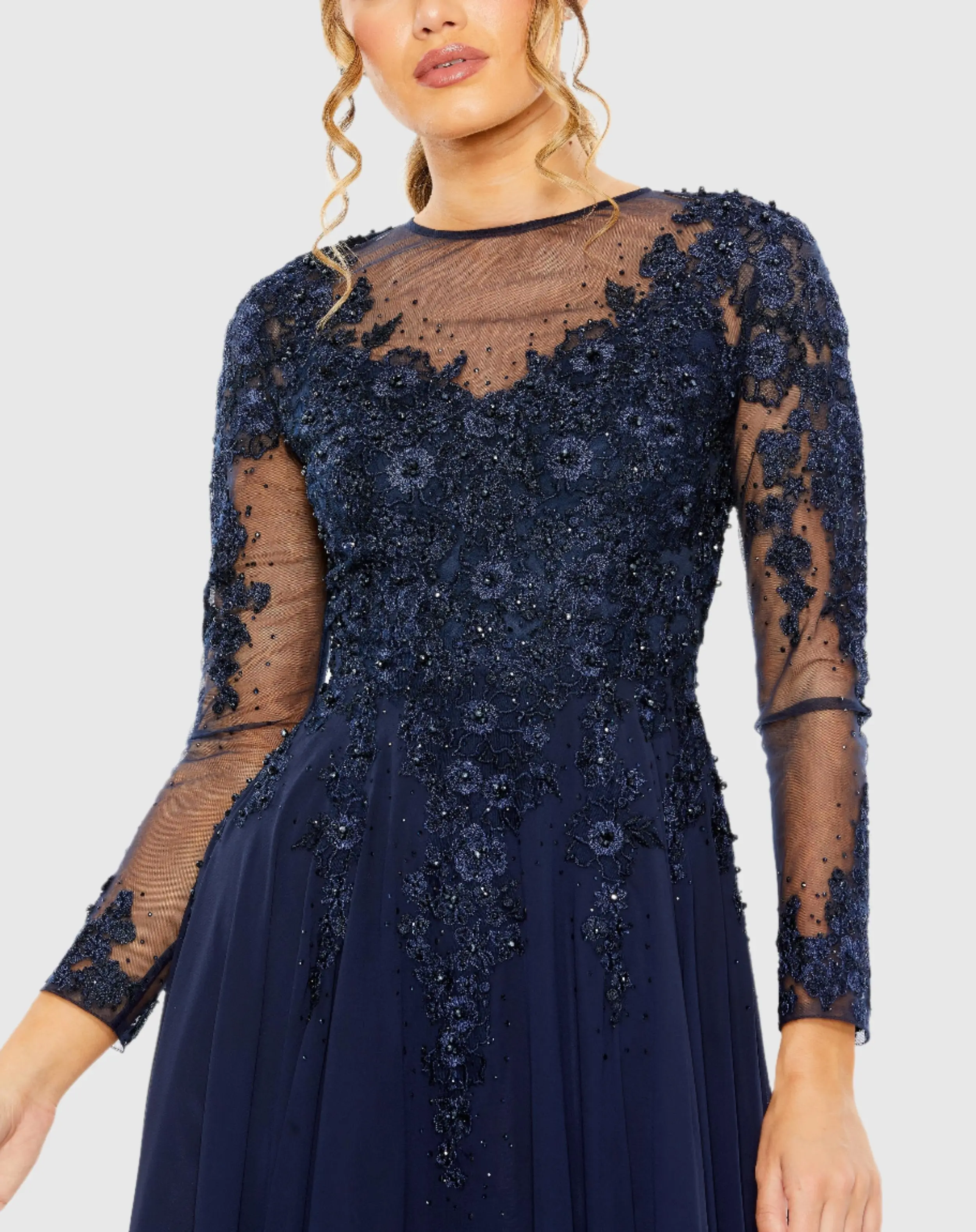 Navy High Neck Long Sleeve Embellished A-line Gown - Image 2