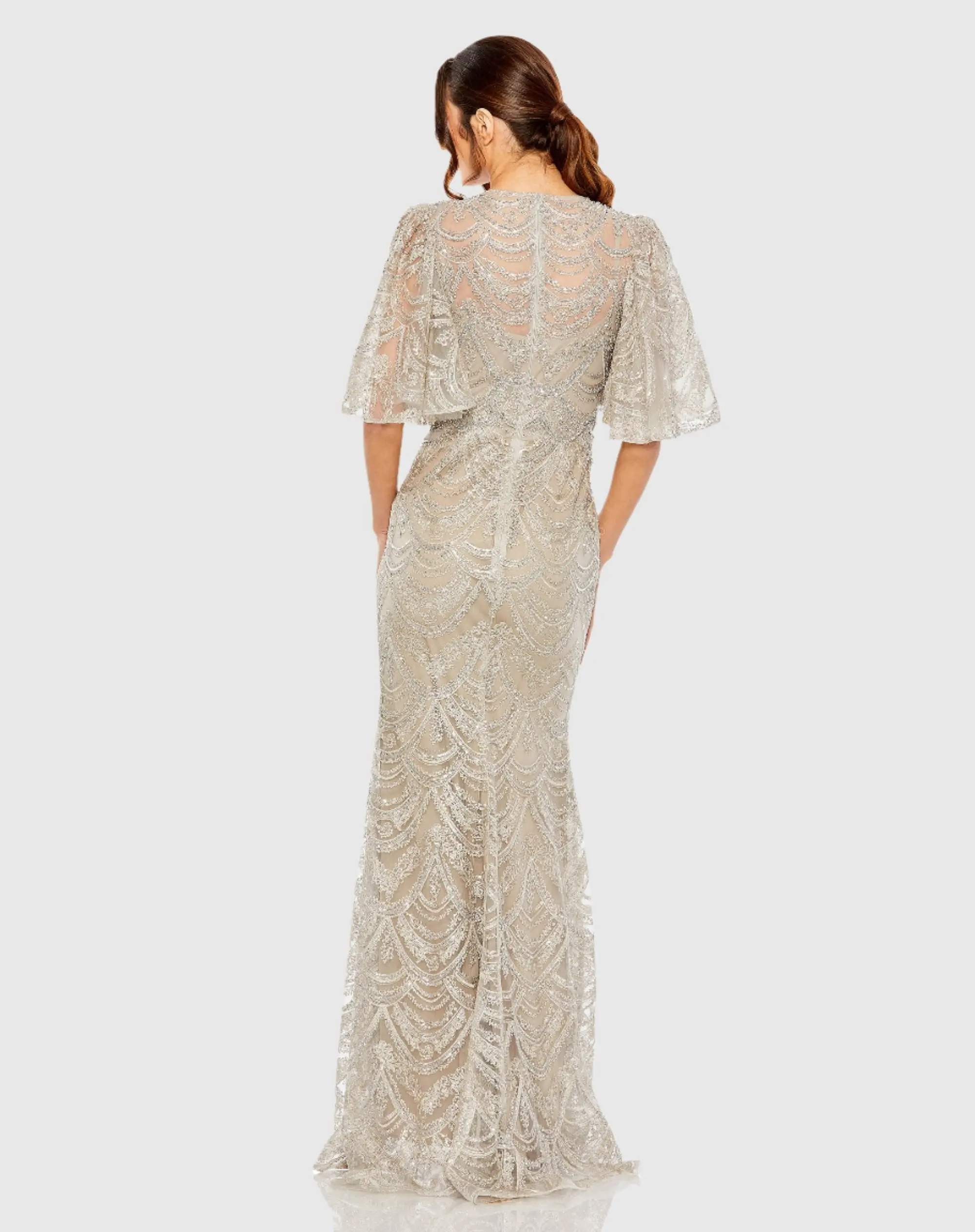 Beige and Silver Flutter Sleeve High Neck Gown - Image 3