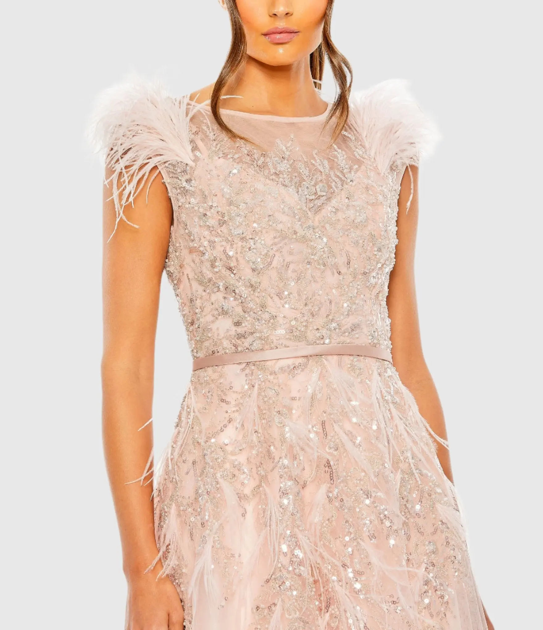 Pink High Neck Feather Detail Beaded Gown - Image 2