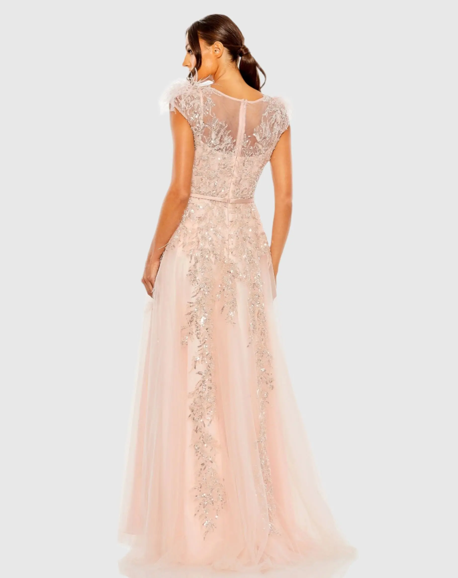 Pink High Neck Feather Detail Beaded Gown - Image 3