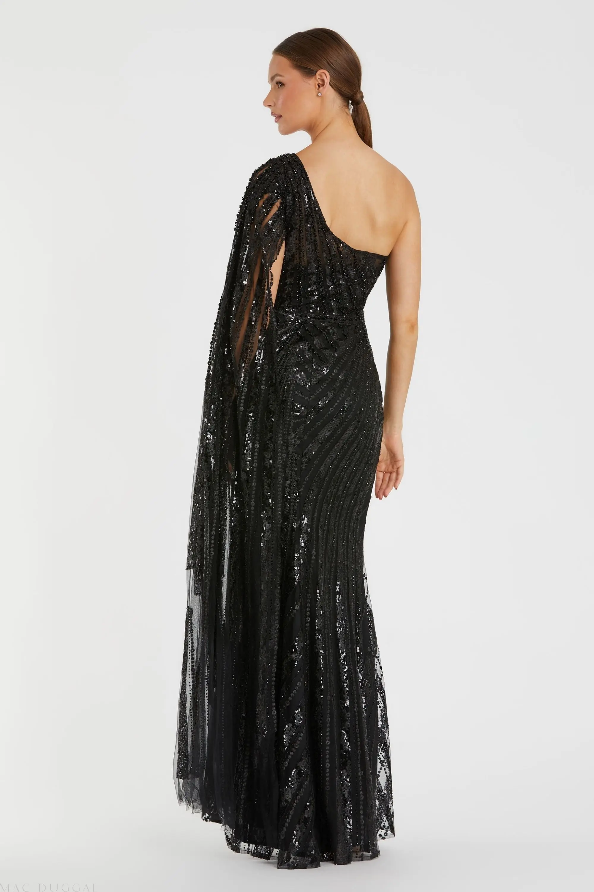 Black One Shoulder Cape Sleeve Embellished Gown - Image 3