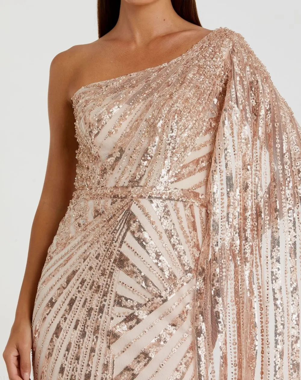 Rose Gold One Shoulder Cape Sleeve Embellished Gown - Image 2