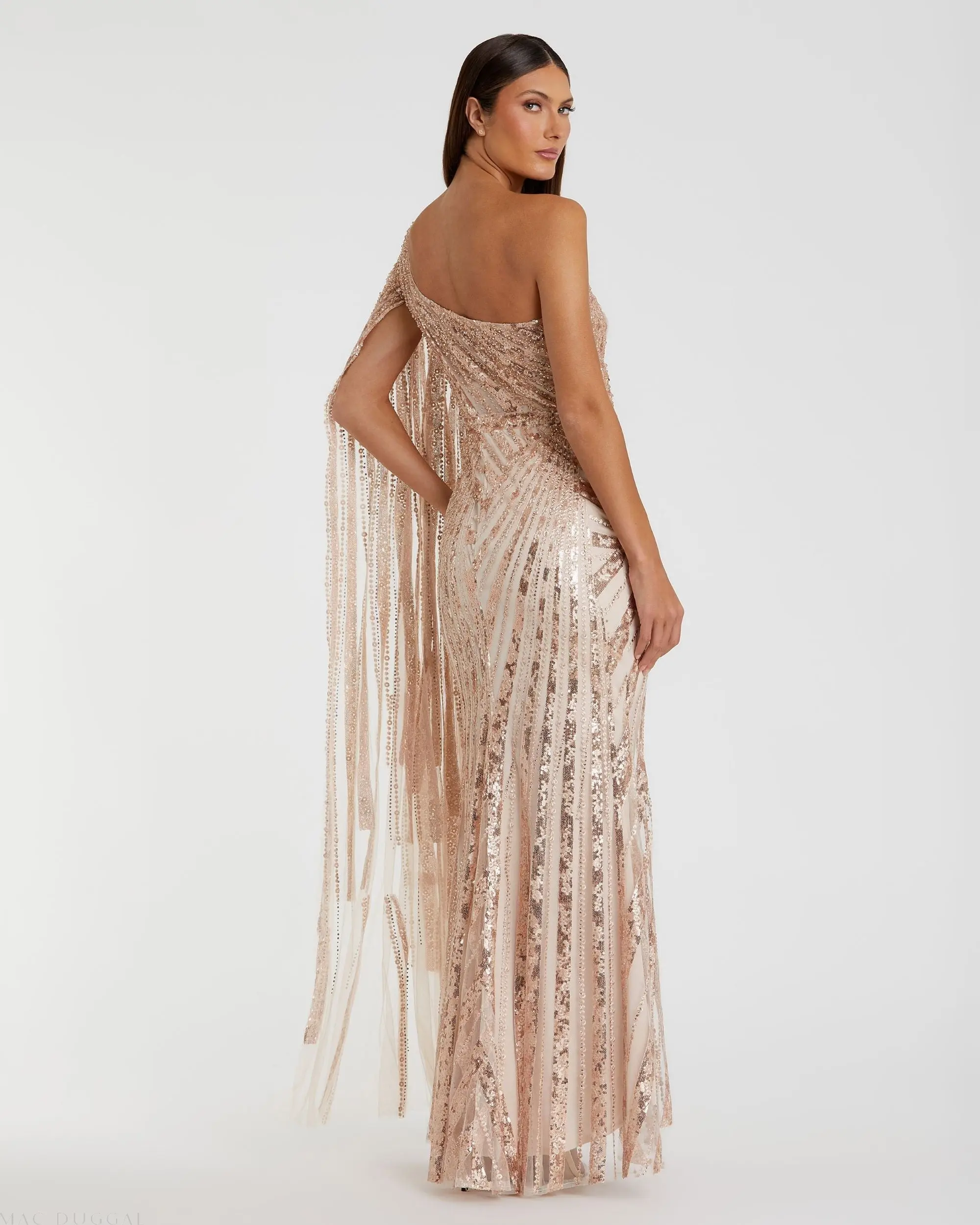 Rose Gold One Shoulder Cape Sleeve Embellished Gown - Image 3