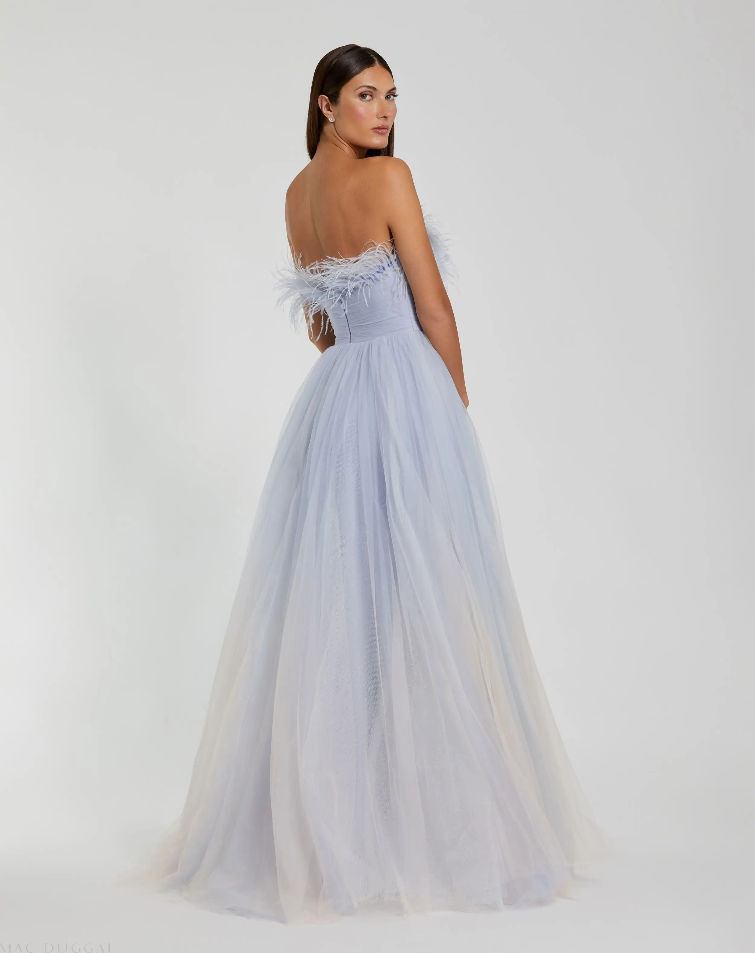 Blue Ombre Strapless Feather Bodice Tulle Gown - FINAL SALE - Image 3
