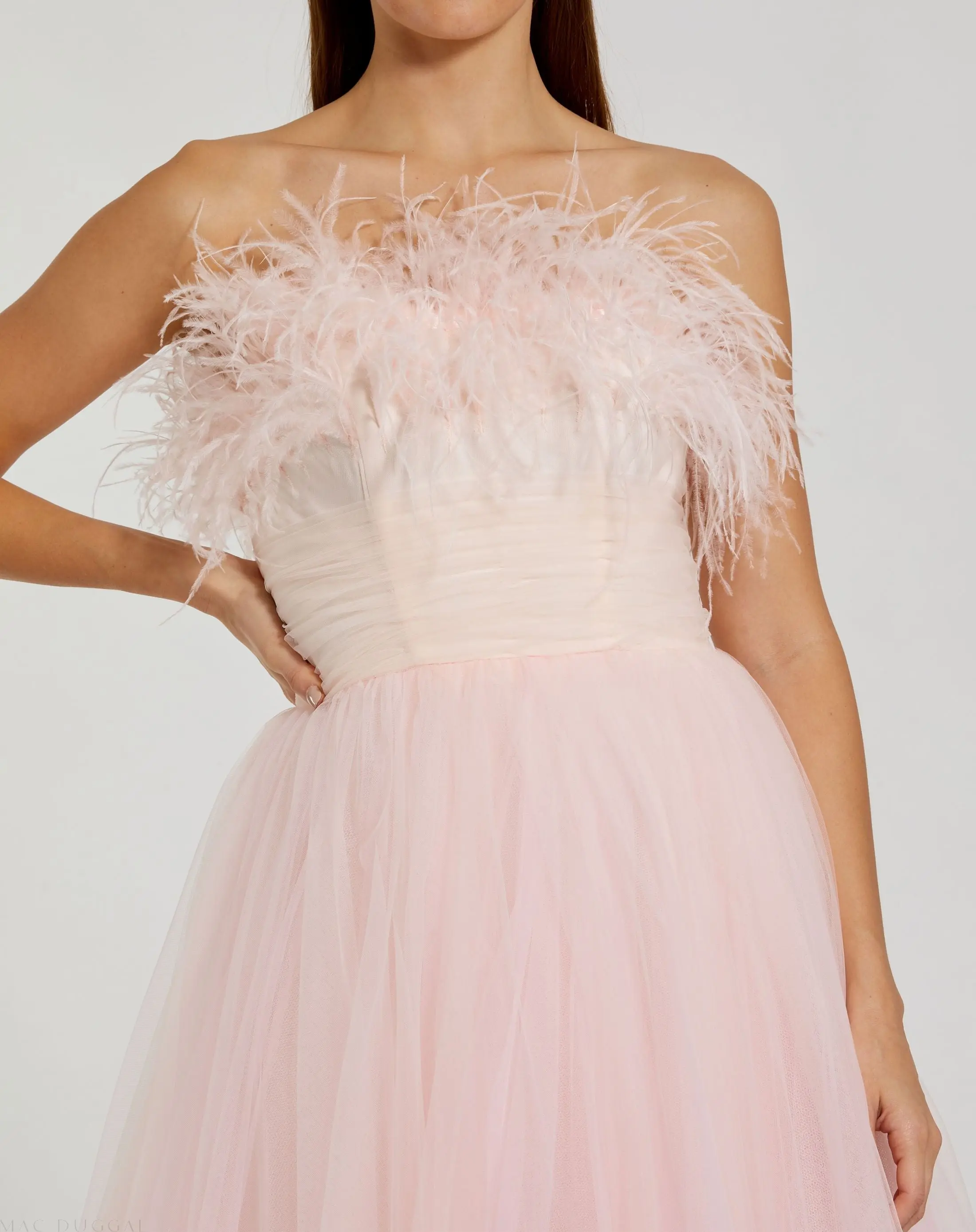 Pink Ombre Strapless Feather Bodice Tulle Gown - Image 2