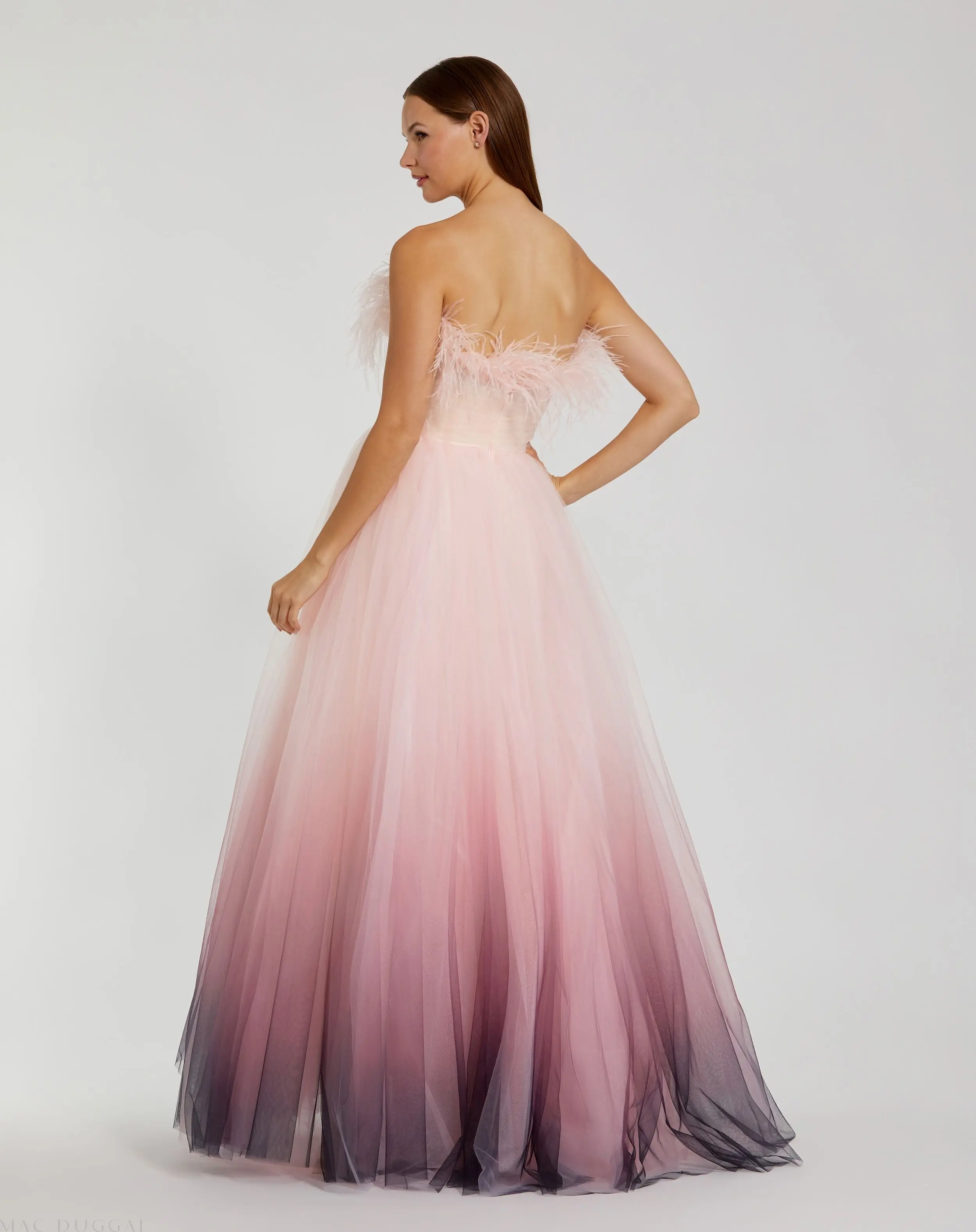 Pink Ombre Strapless Feather Bodice Tulle Gown - Image 3