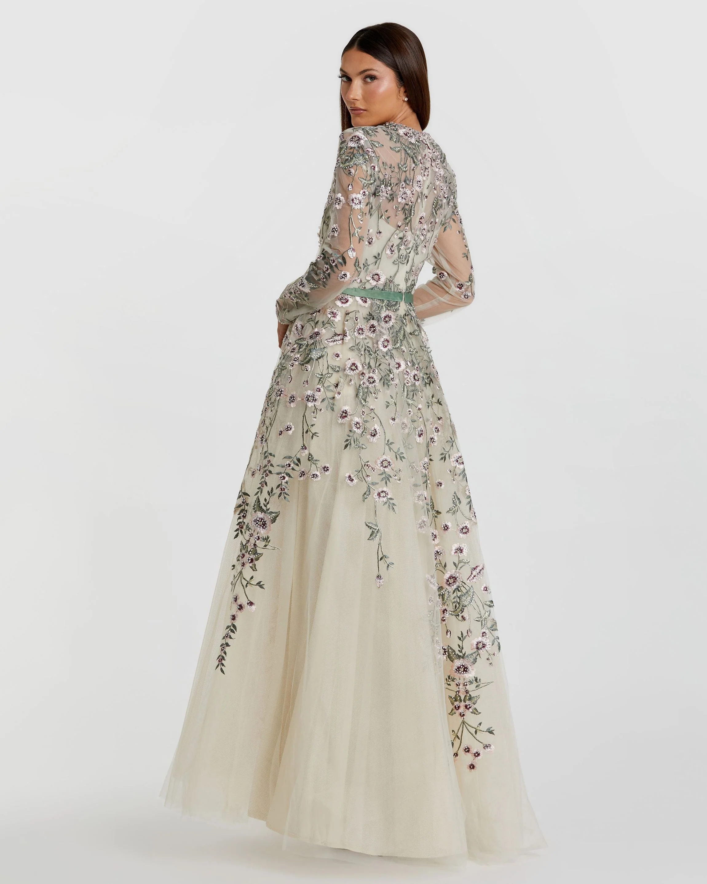 Ivory Long Sleeve Floral Embellished A-Line Gown - Image 3