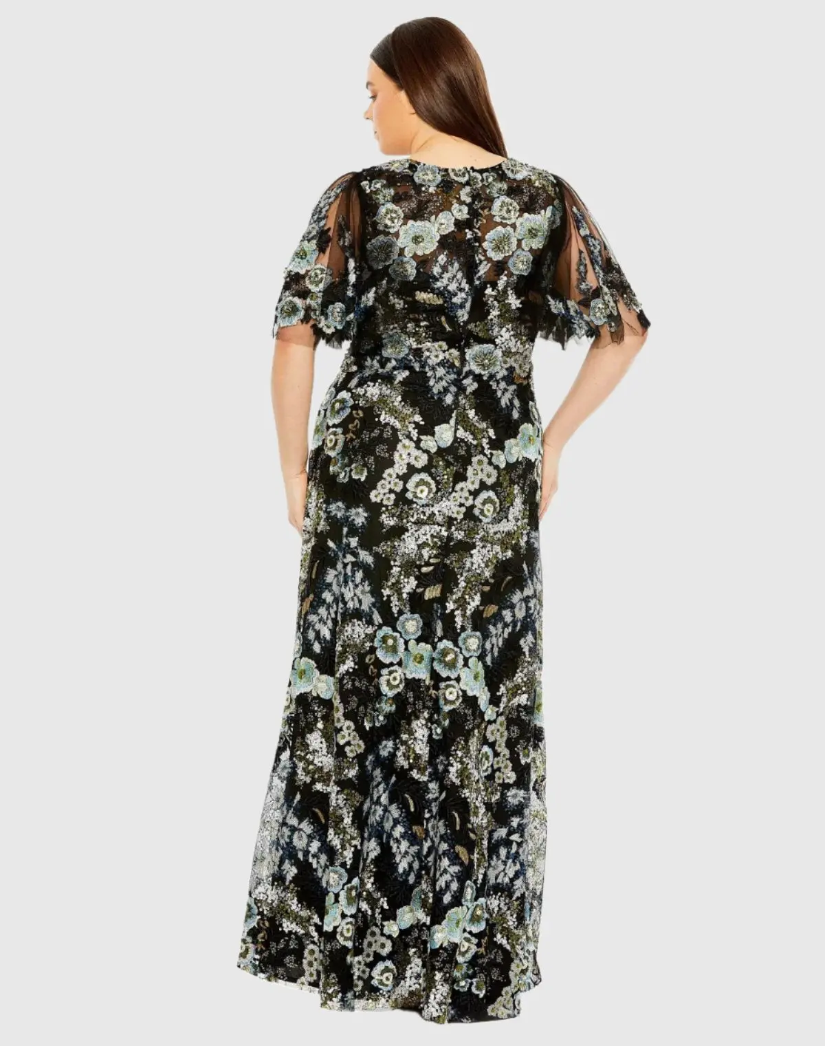 Black Sheer Sleeve V-Neck Floral Embroidered Gown (Plus) - Image 3