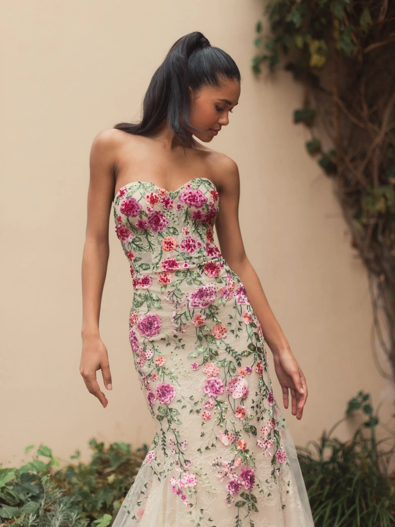 Beige Strapless Bustier Floral Embroidered Mermaid Gown - Image 5