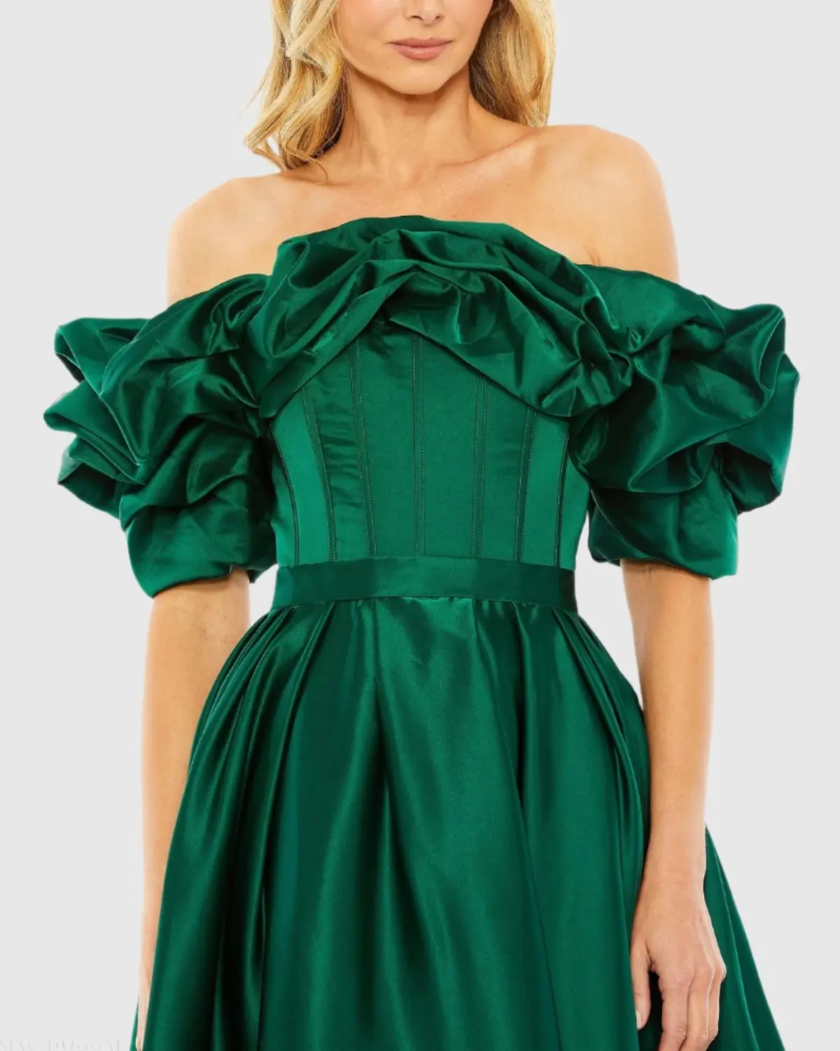 Green Off The Shoulder Tea Length Dress - Image 2