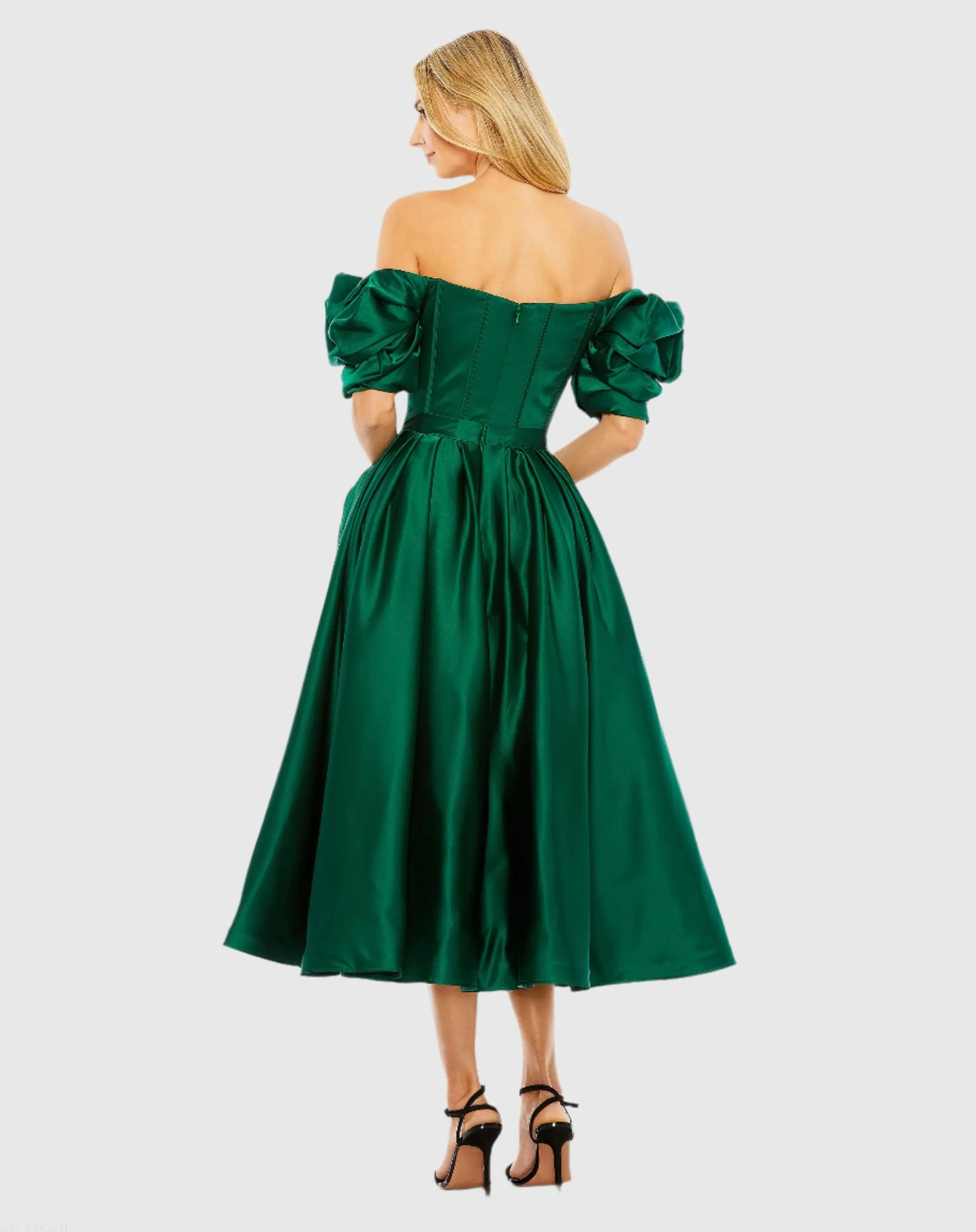 Green Off The Shoulder Tea Length Dress - Image 3