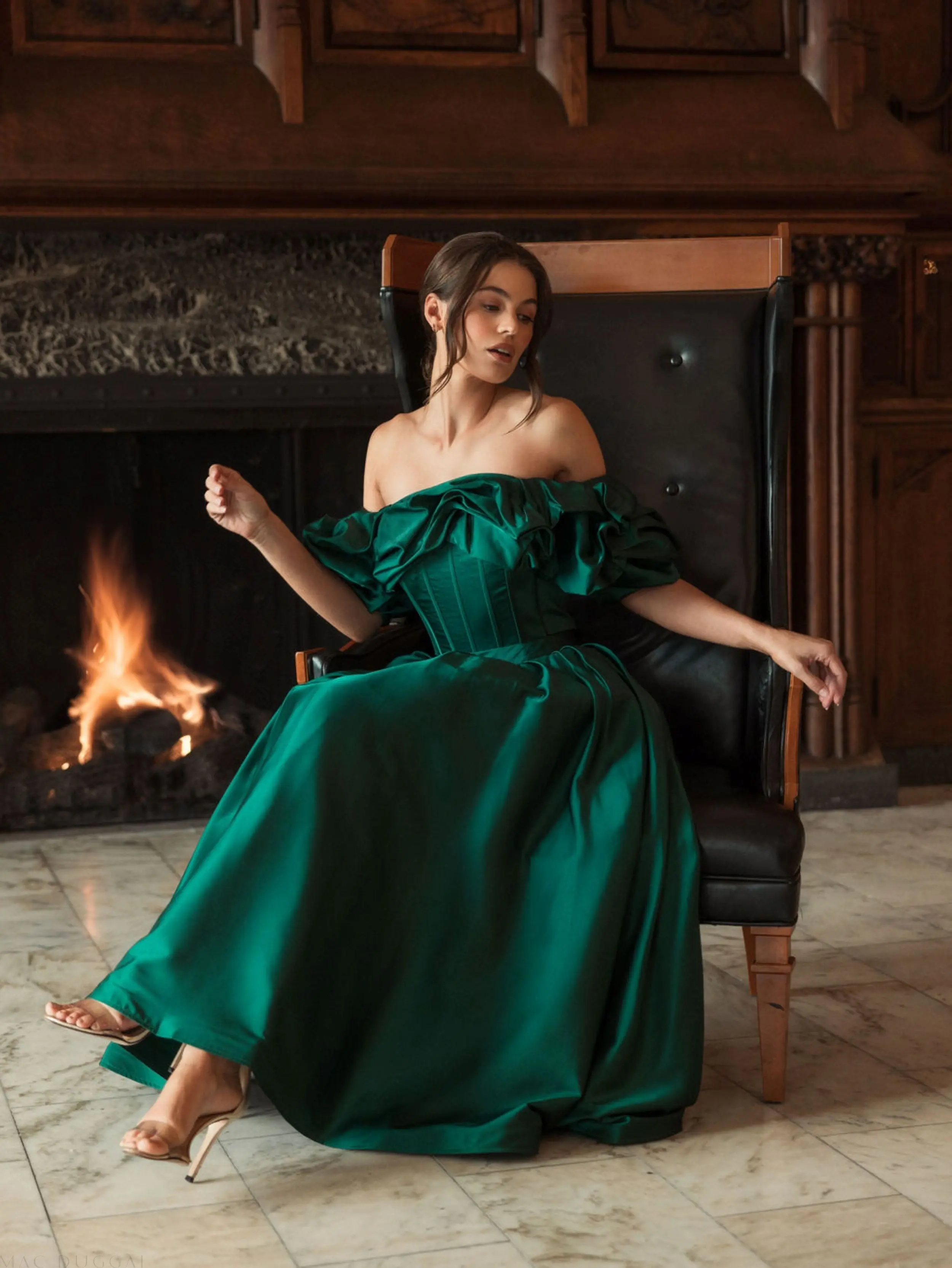 Green Off The Shoulder Tea Length Dress - Image 4