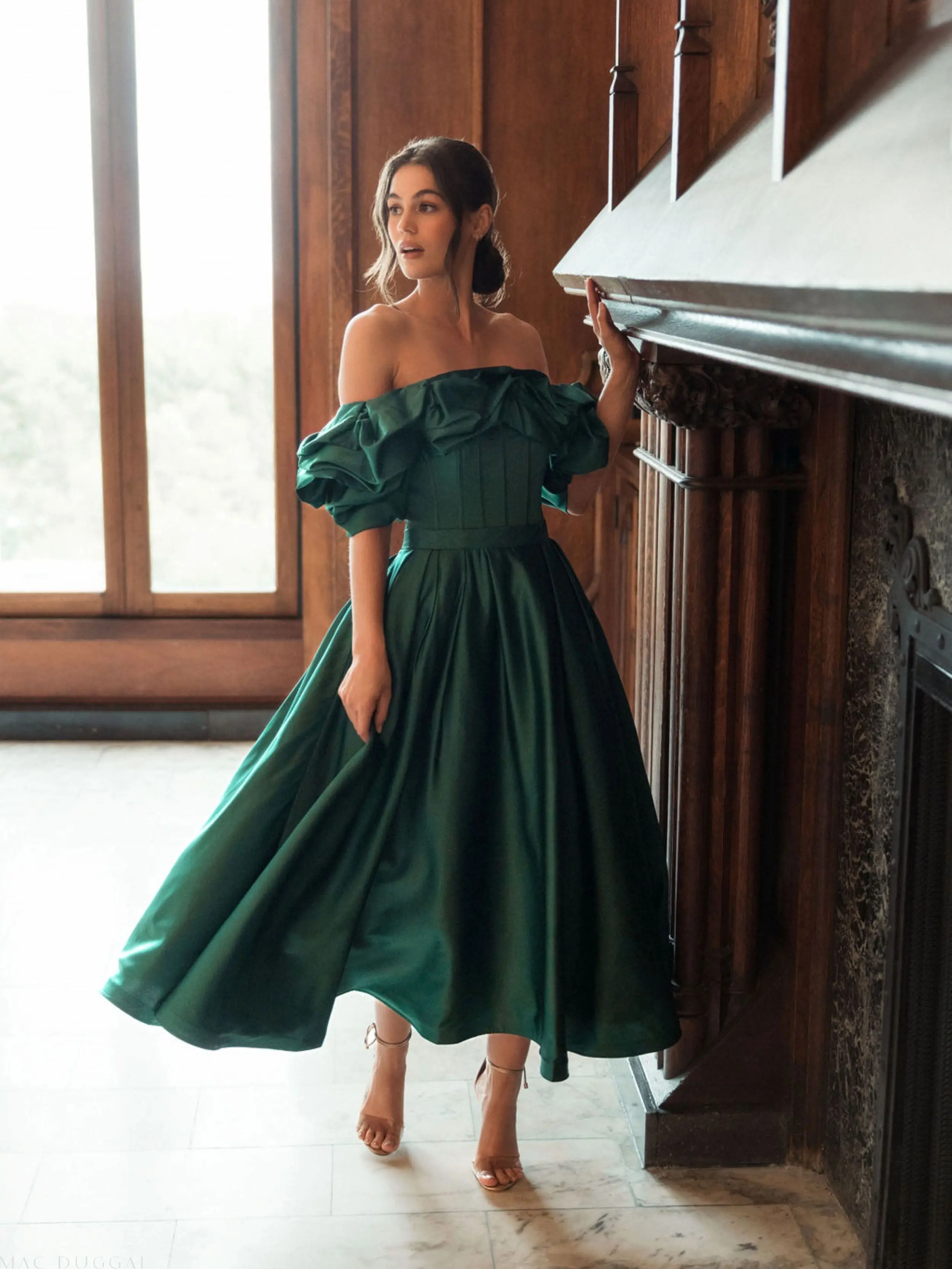 Green Off The Shoulder Tea Length Dress - Image 5