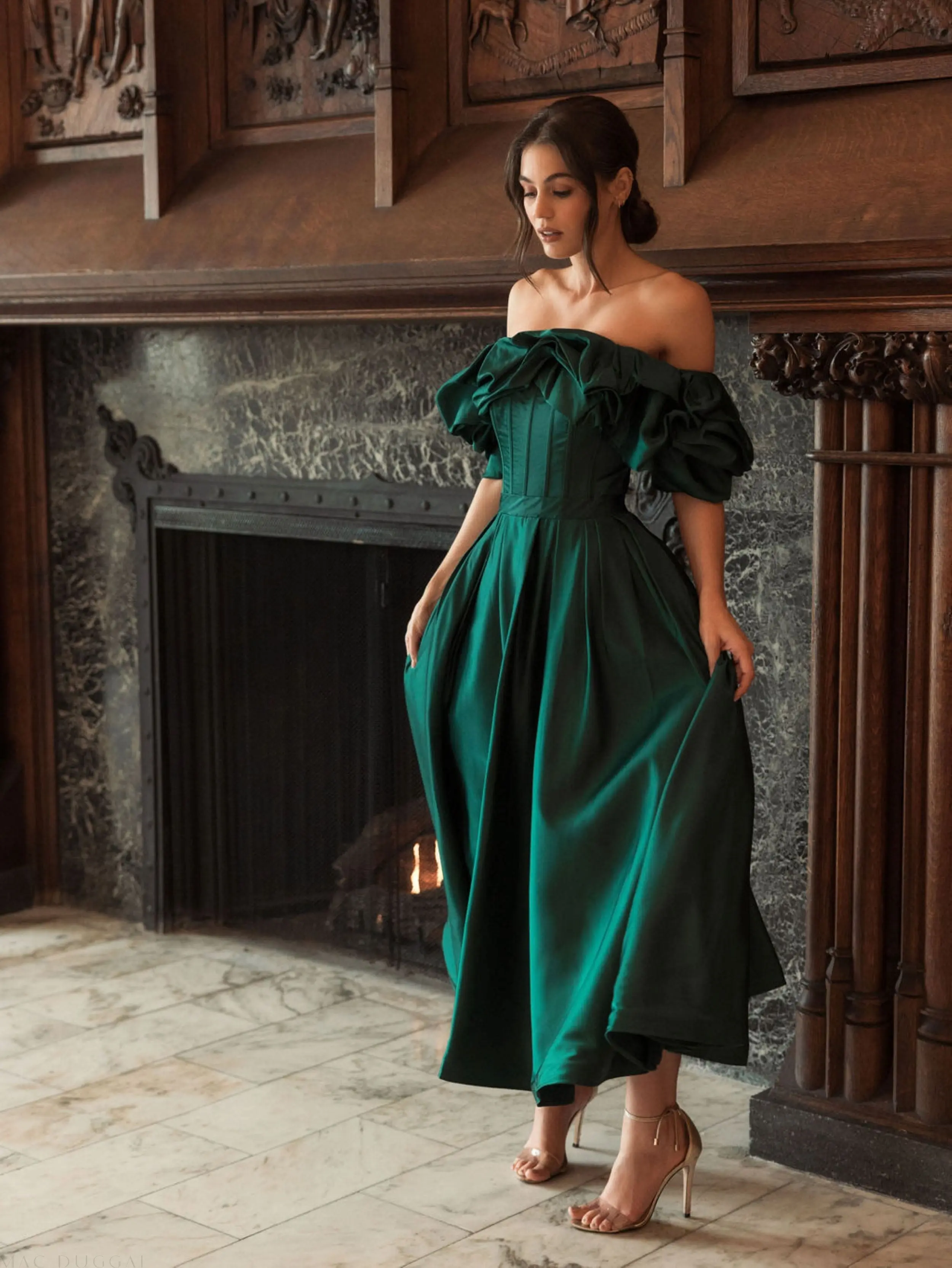 Green Off The Shoulder Tea Length Dress - Image 7