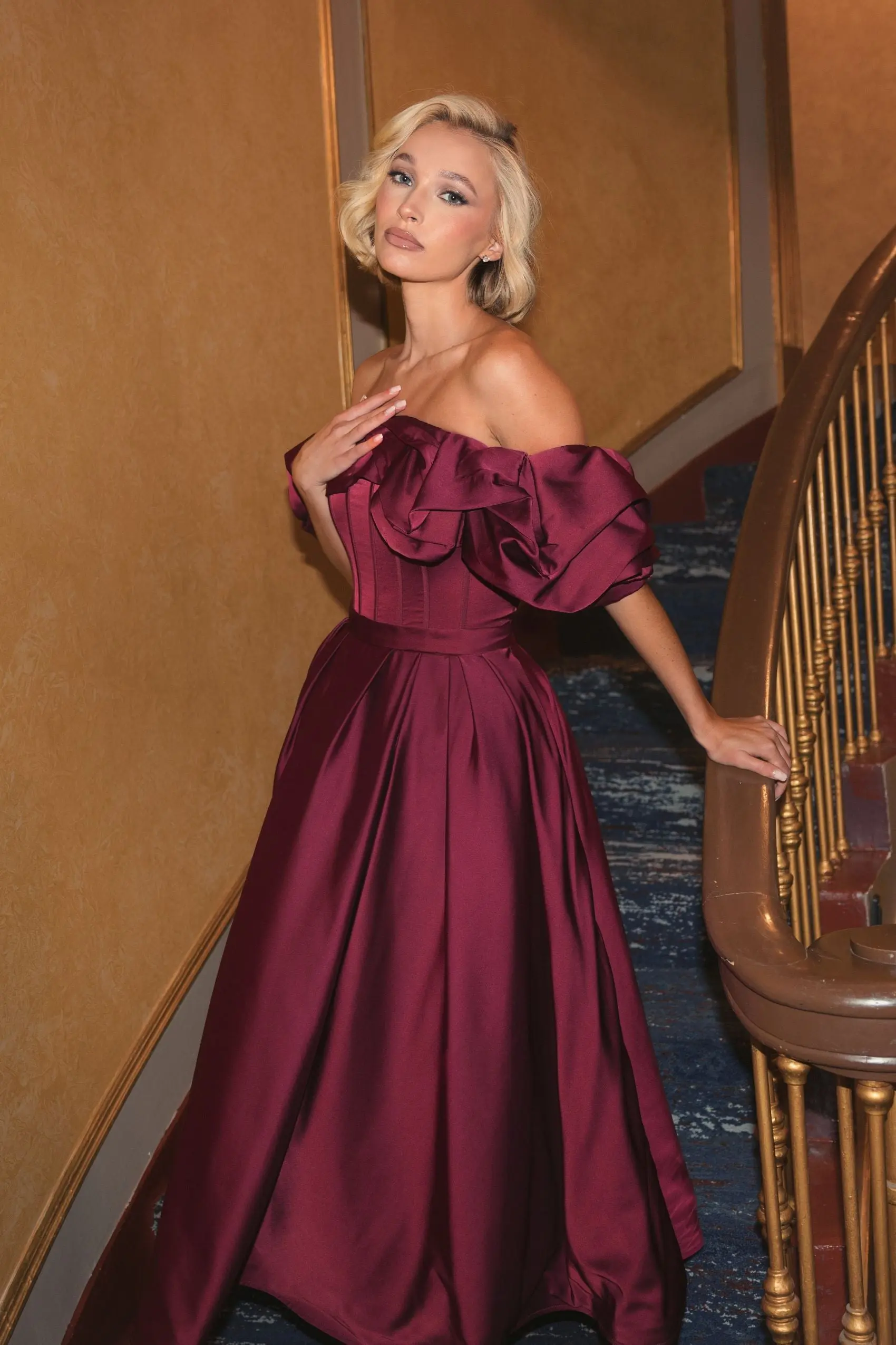 Plum Off The Shoulder Tea Length Dress - Image 4