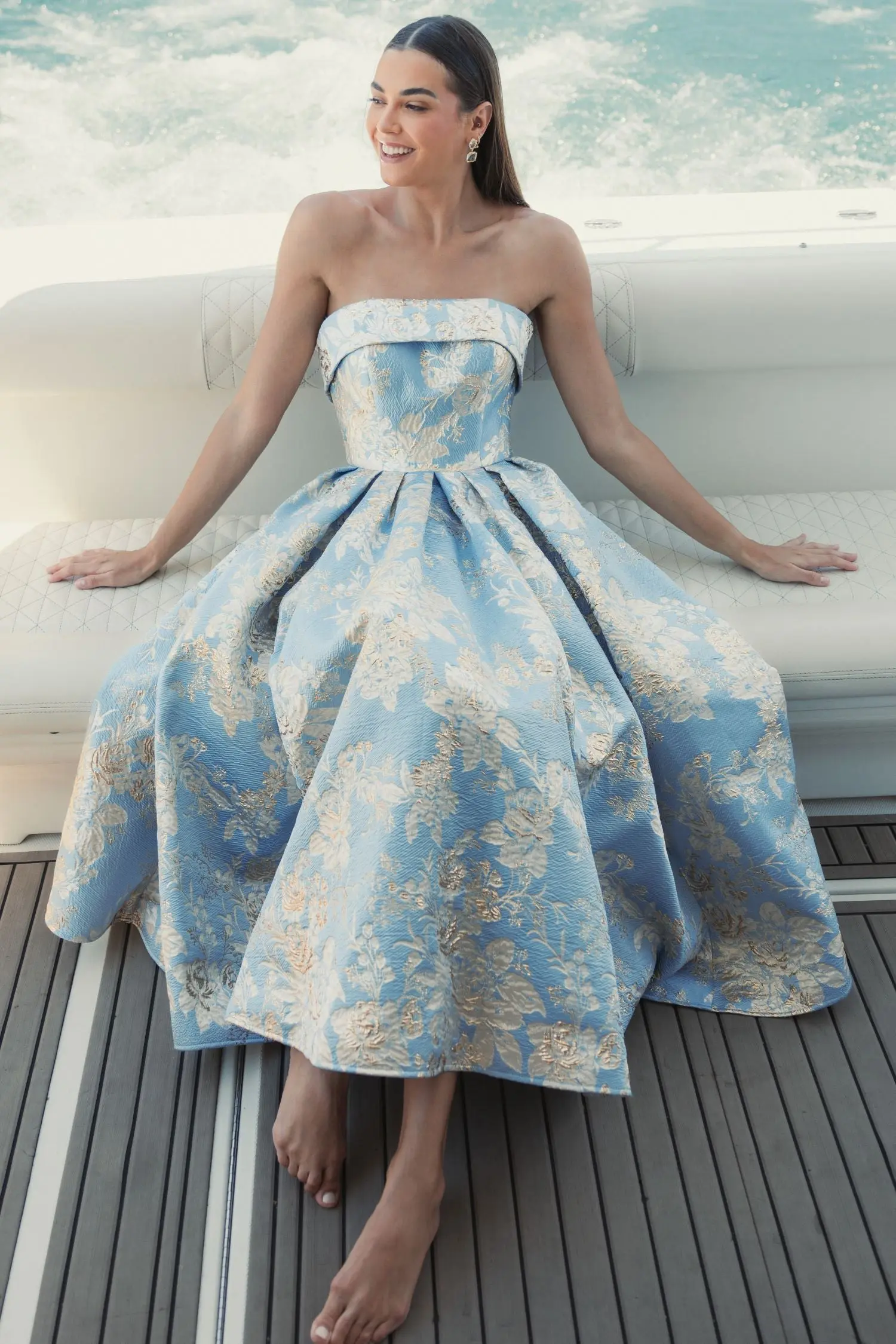 Blue Strapless Brocade Midi Dress with Pockets - Image 5