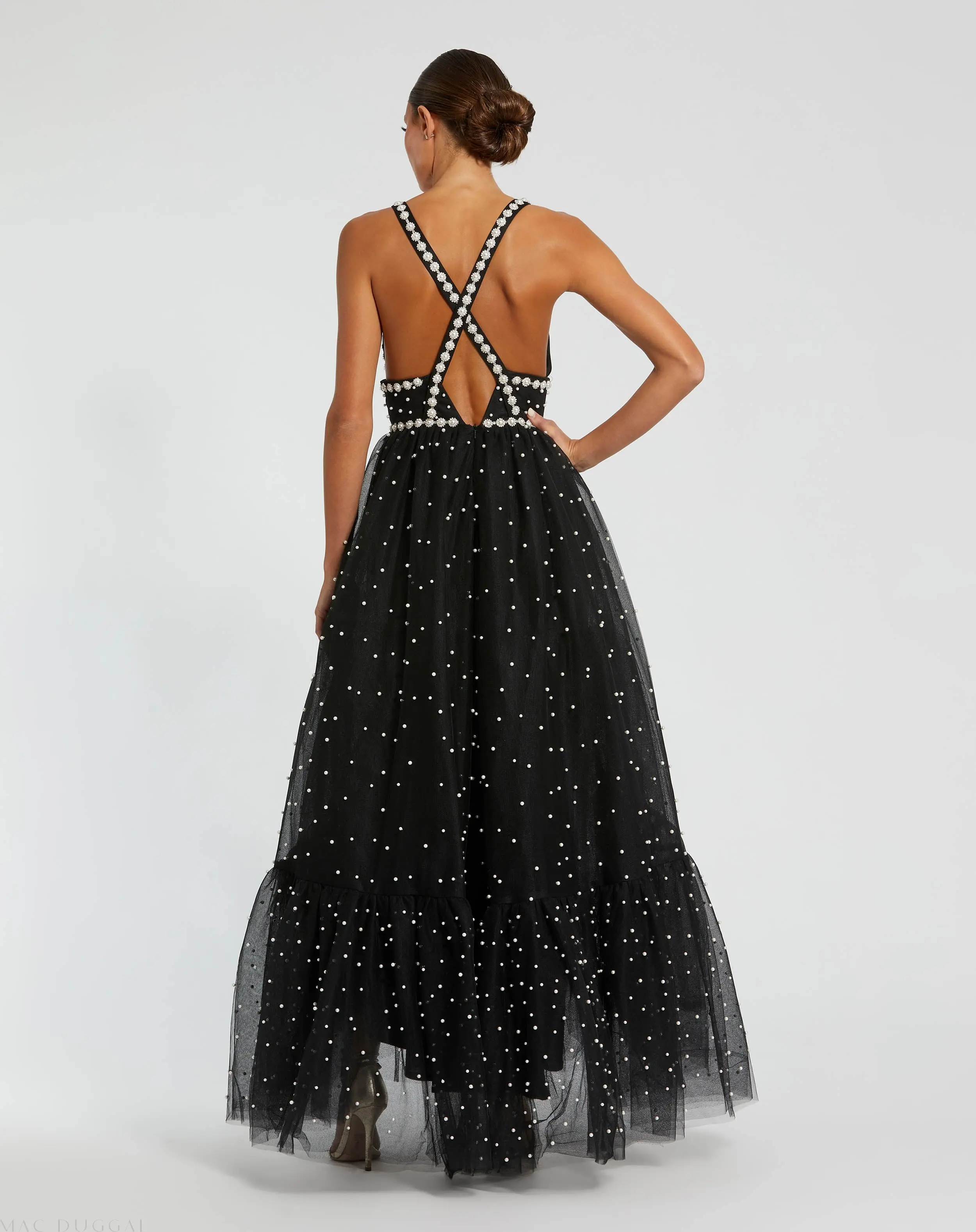 Black Pearl Beaded High Low Gown - Image 3
