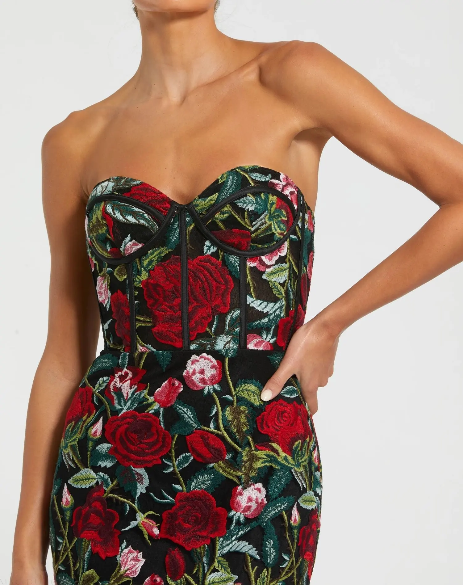 Black Sheer Bustier Top Floral Applique Gown - Image 2
