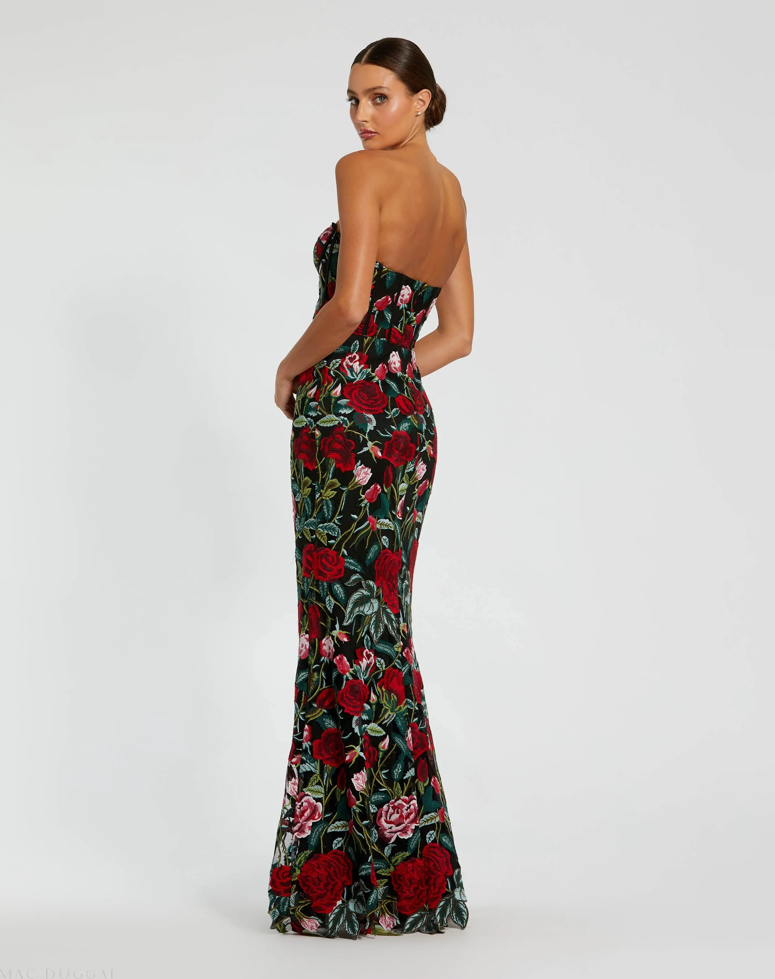 Black Sheer Bustier Top Floral Applique Gown - Image 3
