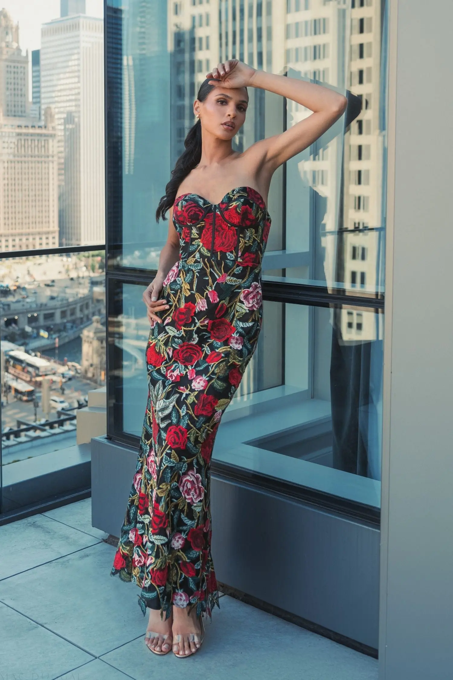 Black Sheer Bustier Top Floral Applique Gown - Image 4