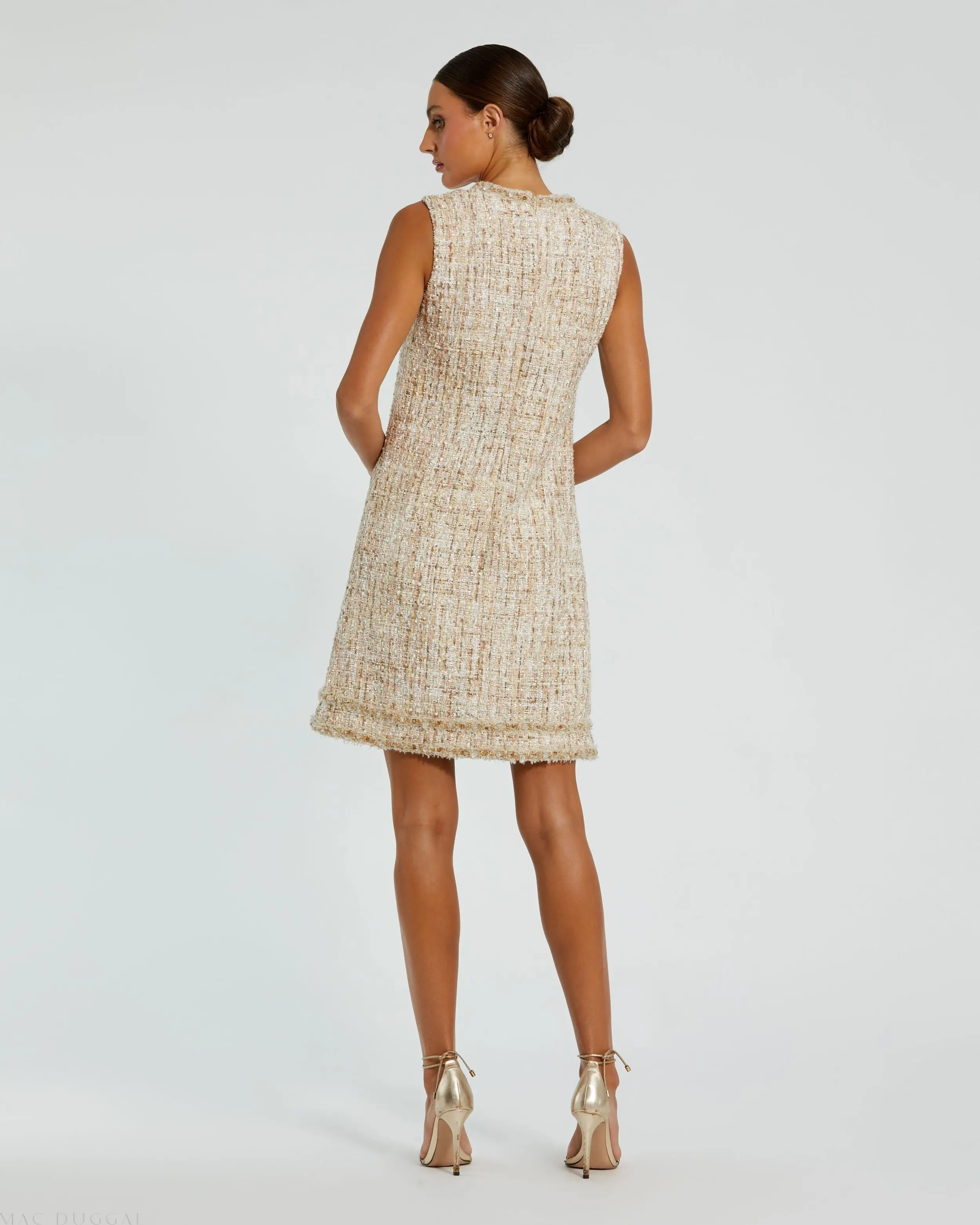Beige Beaded Trim A-Line Mini Shift Dress - Image 3