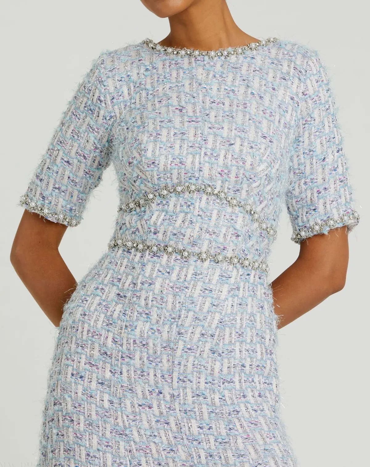 Blue Short Sleeve Beaded Trim Boucle Midi Dress - Image 2