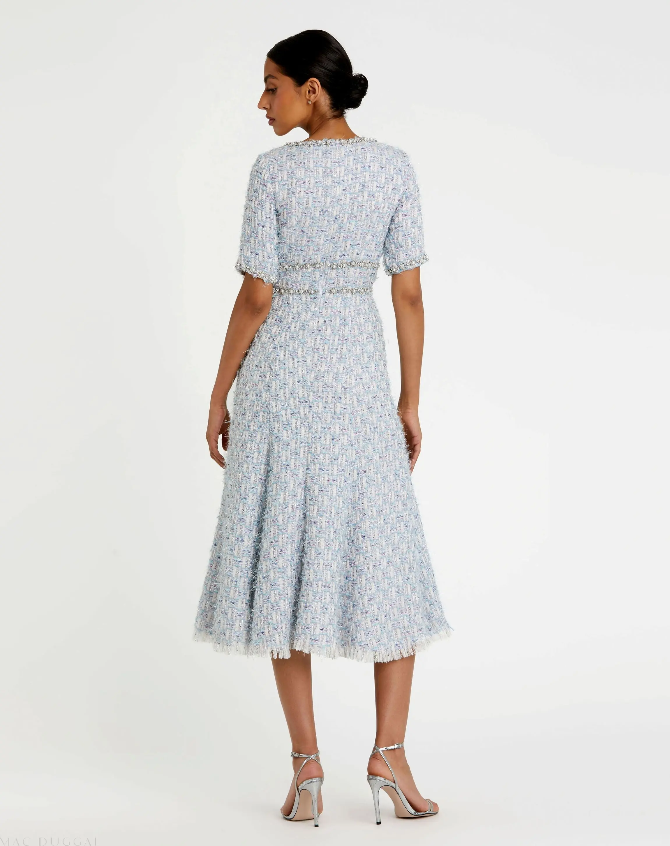 Blue Short Sleeve Beaded Trim Boucle Midi Dress - Image 3