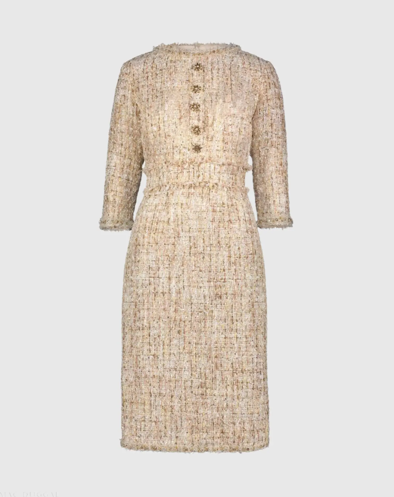 Beige Beaded Trim Boucle Midi Dress with 3/4 Sleeves - Image 2