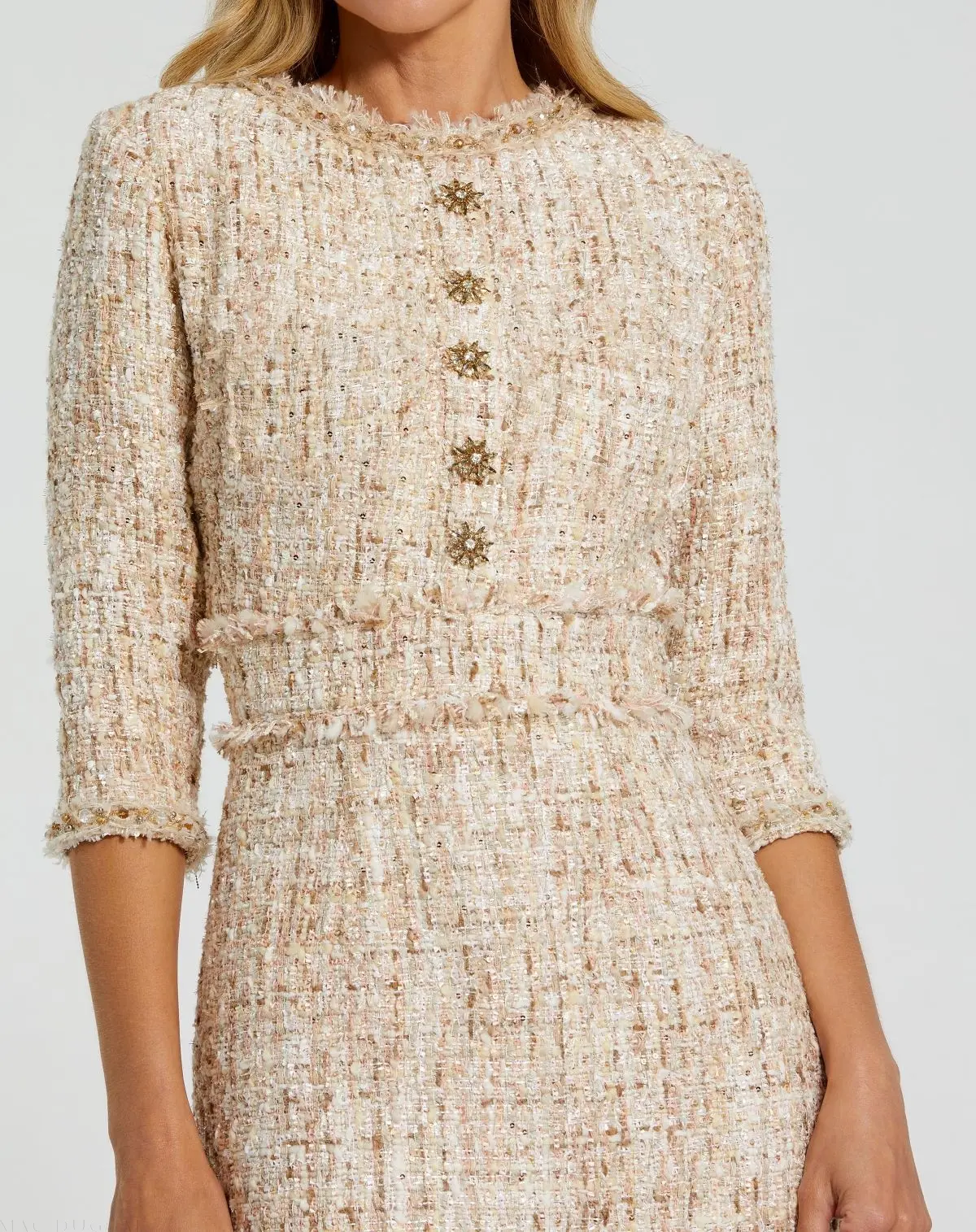 Beige Beaded Trim Boucle Midi Dress with 3/4 Sleeves - Image 3