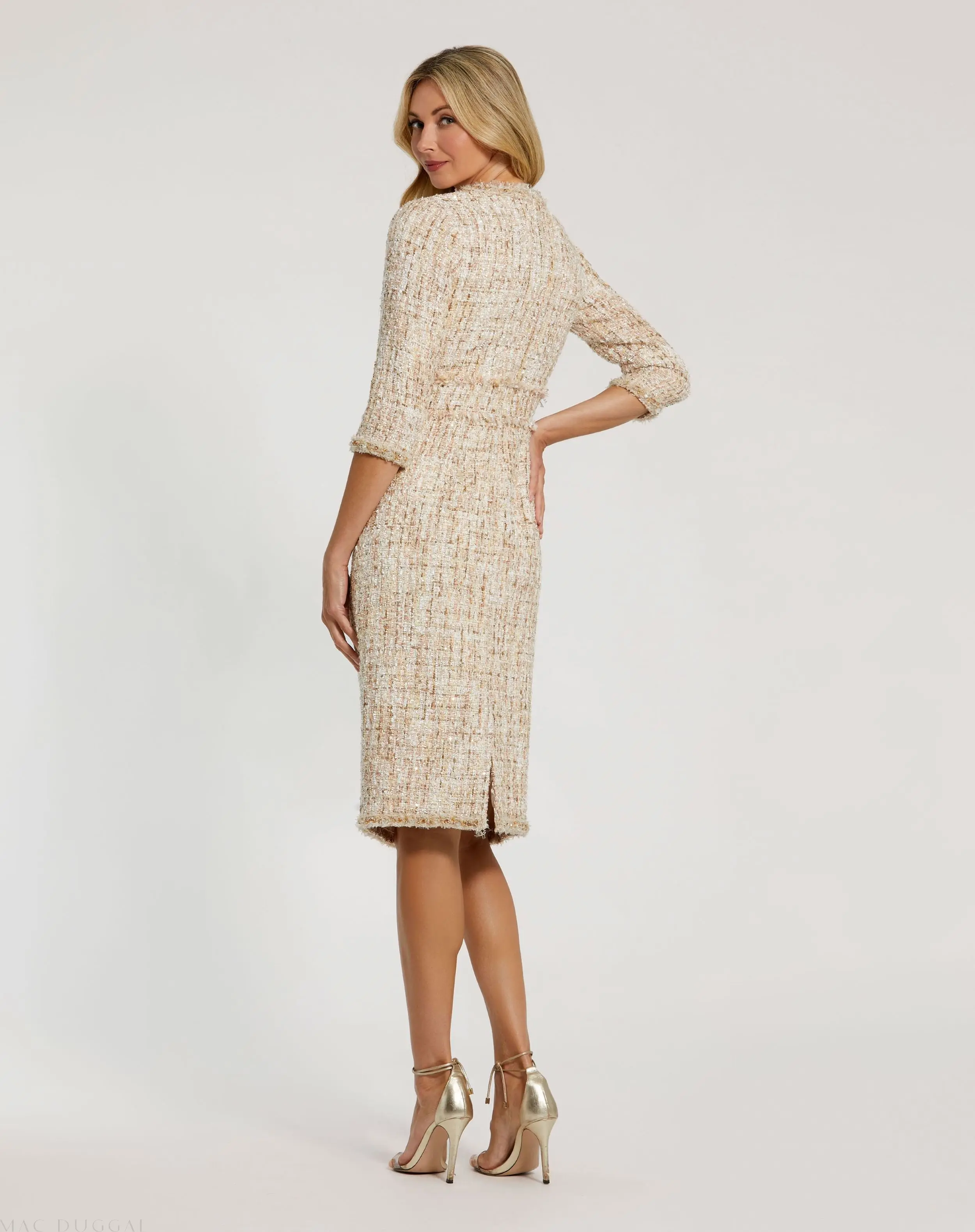 Beige Beaded Trim Boucle Midi Dress with 3/4 Sleeves - Image 4