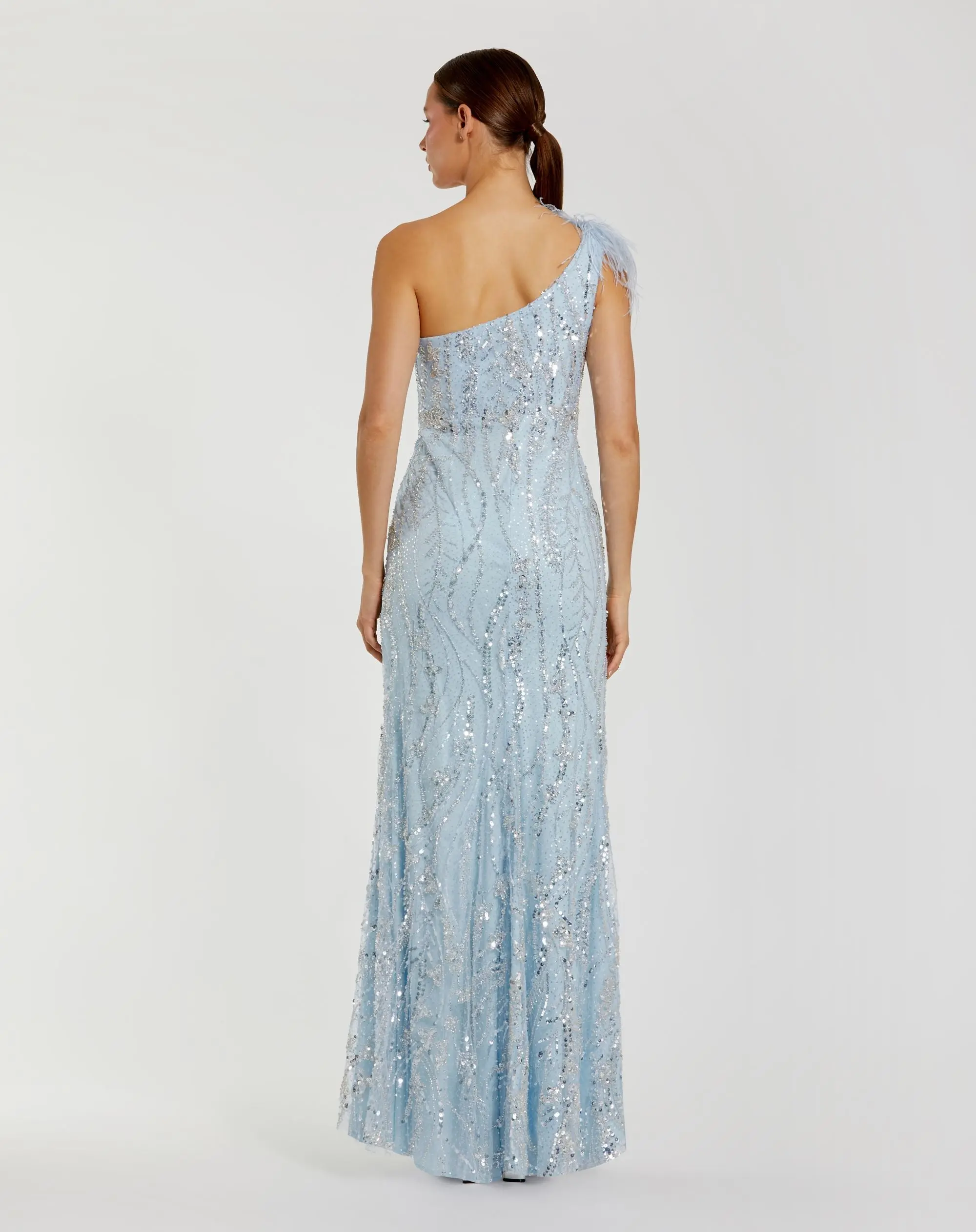 Blue Feathered One Shoulder Embellished Applique Gown - Image 3