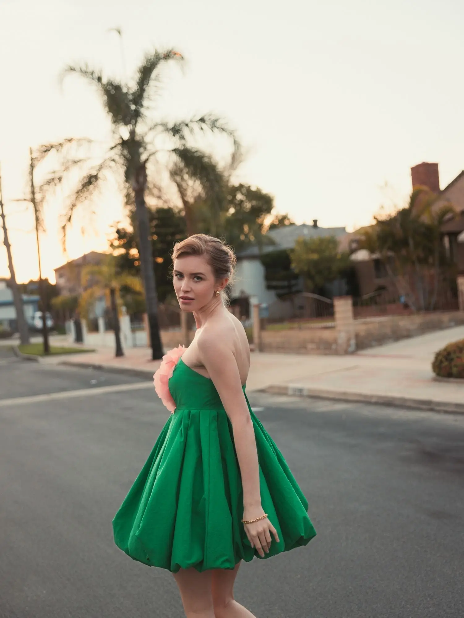 Green Strapless Faille Mini Dress With 3D Flower - Image 7