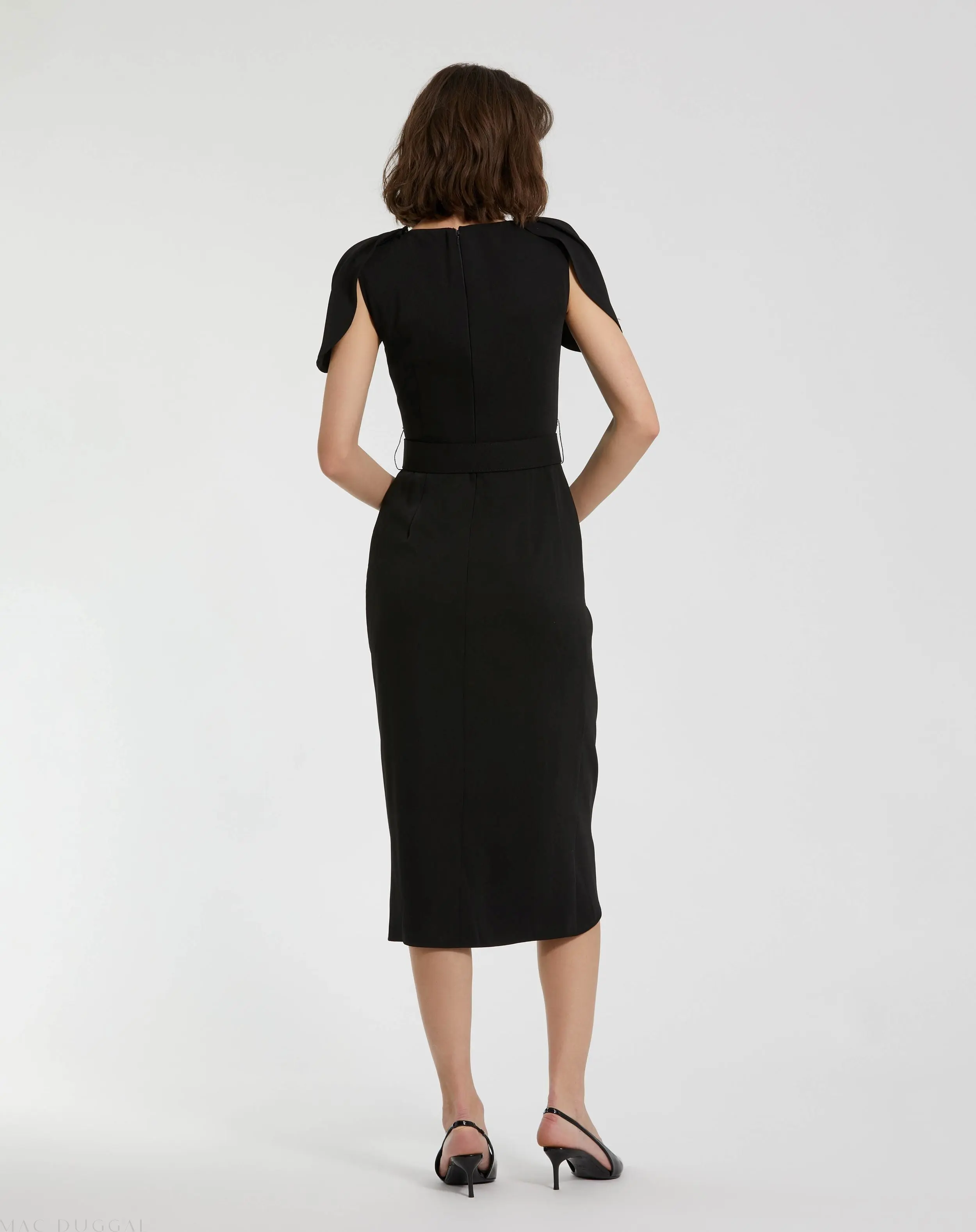 Black Crepe Boat Neck Midi Tulip Dress With Belt - Image 4